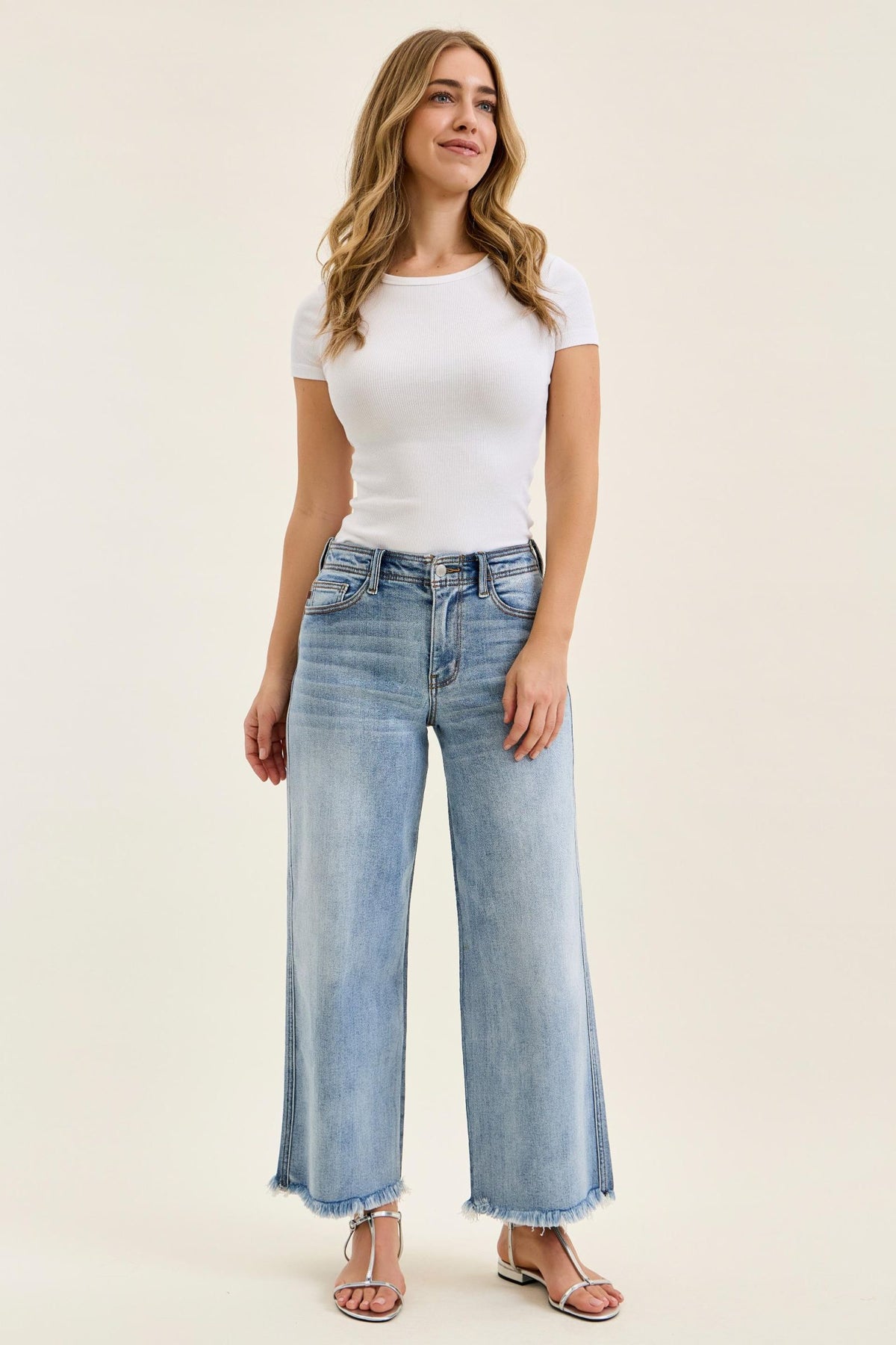 Judy Blue Mid Rise Light Wash Ankle Wide Leg Jeans with Hollywood Waistband & Fray Hem