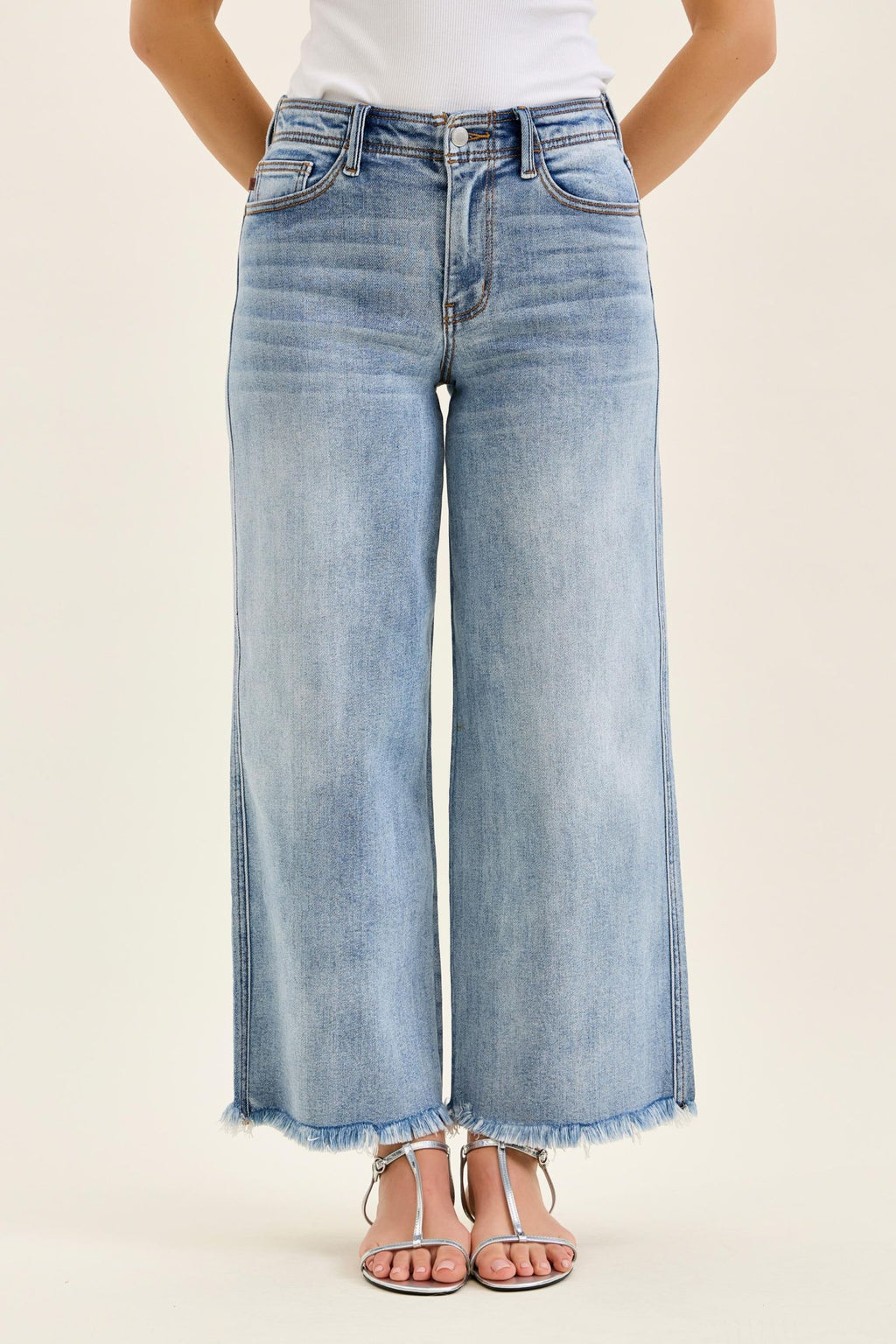 Judy Blue Mid Rise Light Wash Ankle Wide Leg Jeans with Hollywood Waistband & Fray Hem