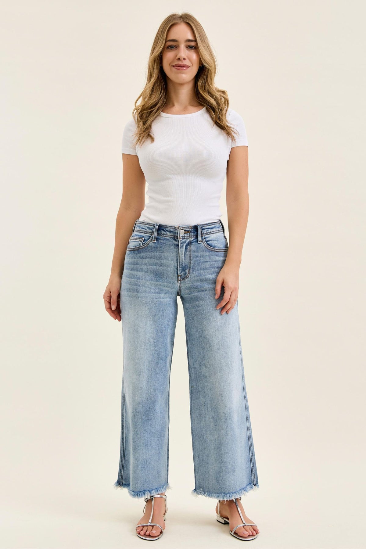 Judy Blue Mid Rise Light Wash Ankle Wide Leg Jeans with Hollywood Waistband & Fray Hem