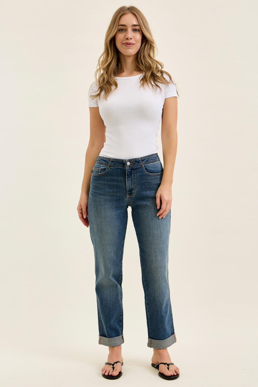 Judy Blue Mid Rise Dark Wash Boyfriend with Adjustable Back Tab + Hollywood WaistBand Jeans - Inseam 28