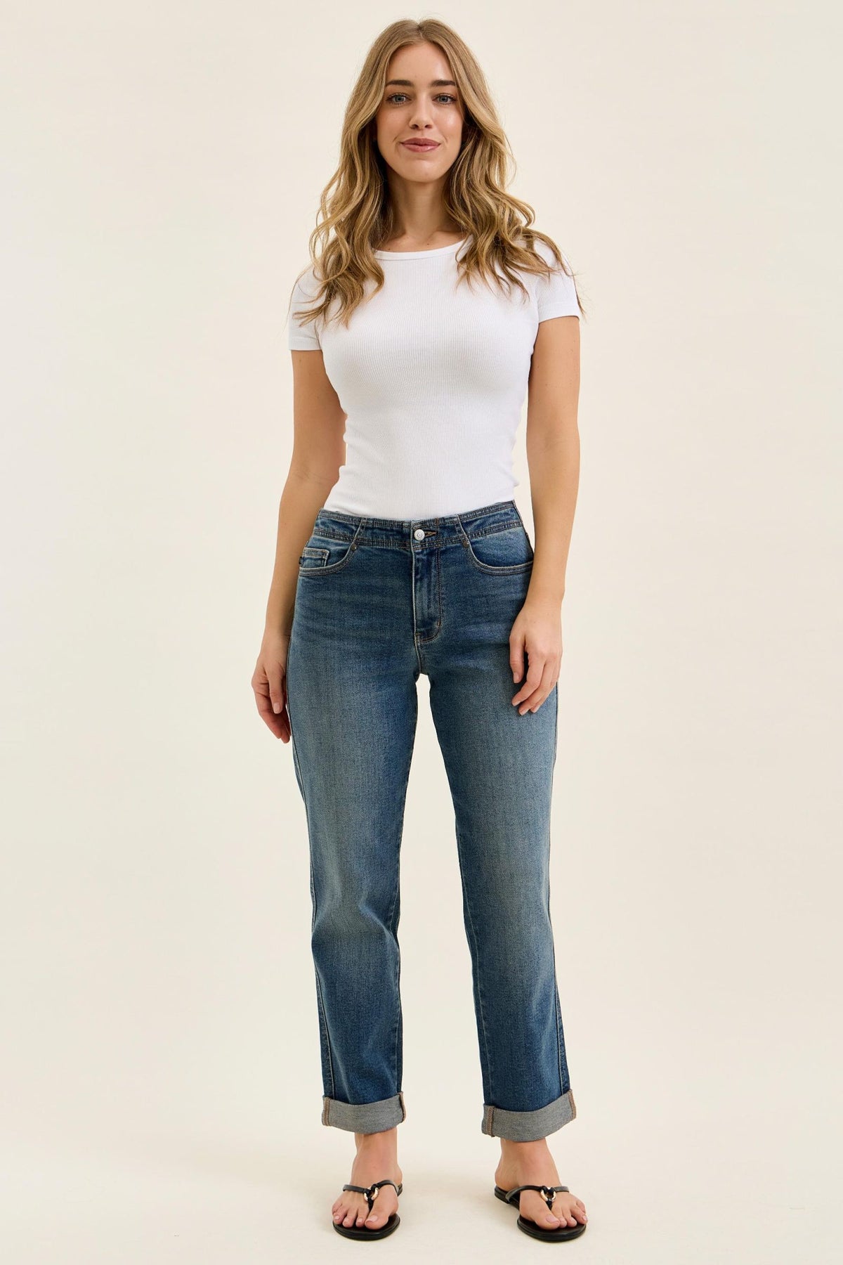 Judy Blue Mid Rise Dark Wash Boyfriend with Adjustable Back Tab + Hollywood WaistBand Jeans - Inseam 28