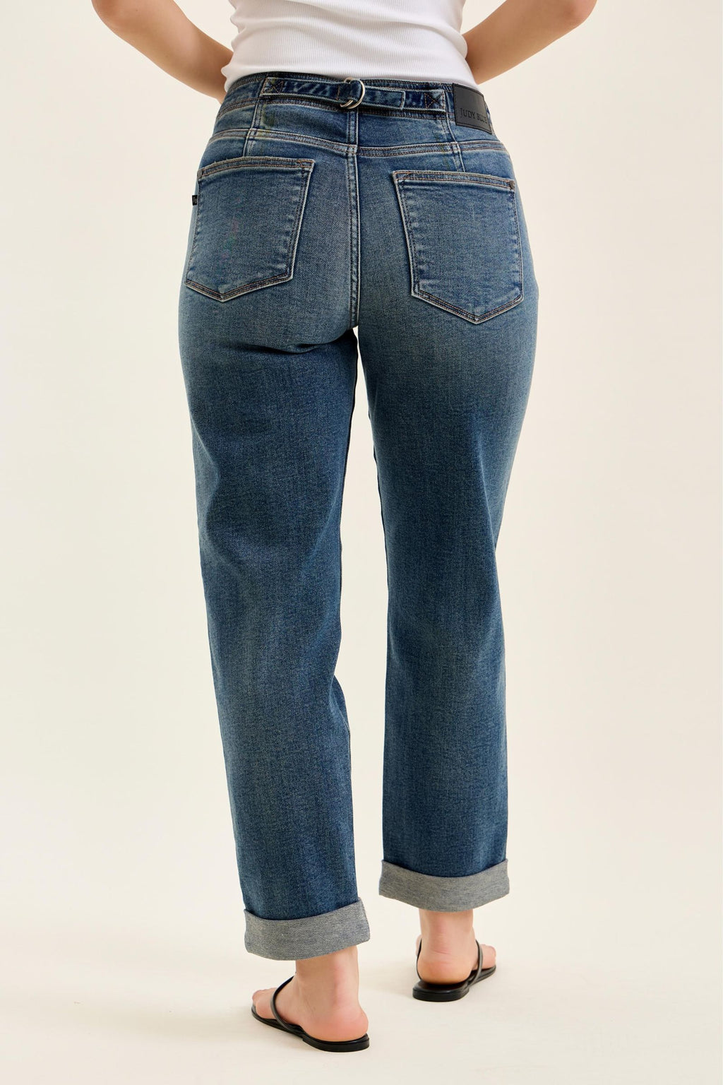 Judy Blue Mid Rise Dark Wash Boyfriend with Adjustable Back Tab + Hollywood WaistBand Jeans - Inseam 28