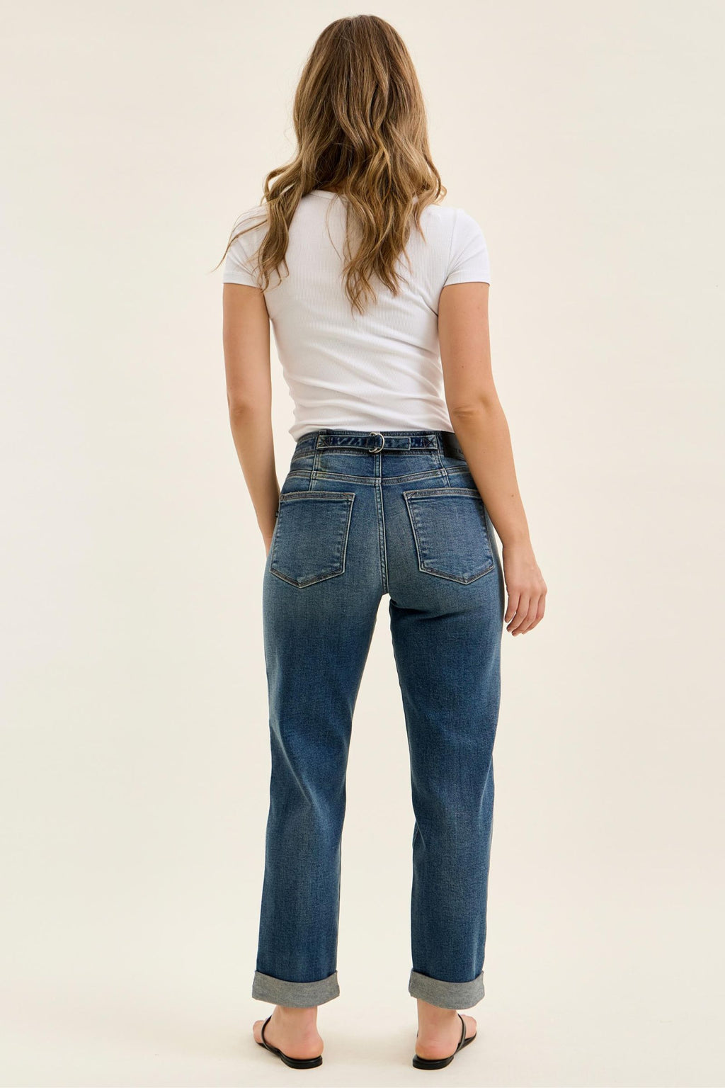Judy Blue Mid Rise Dark Wash Boyfriend with Adjustable Back Tab + Hollywood WaistBand Jeans - Inseam 28