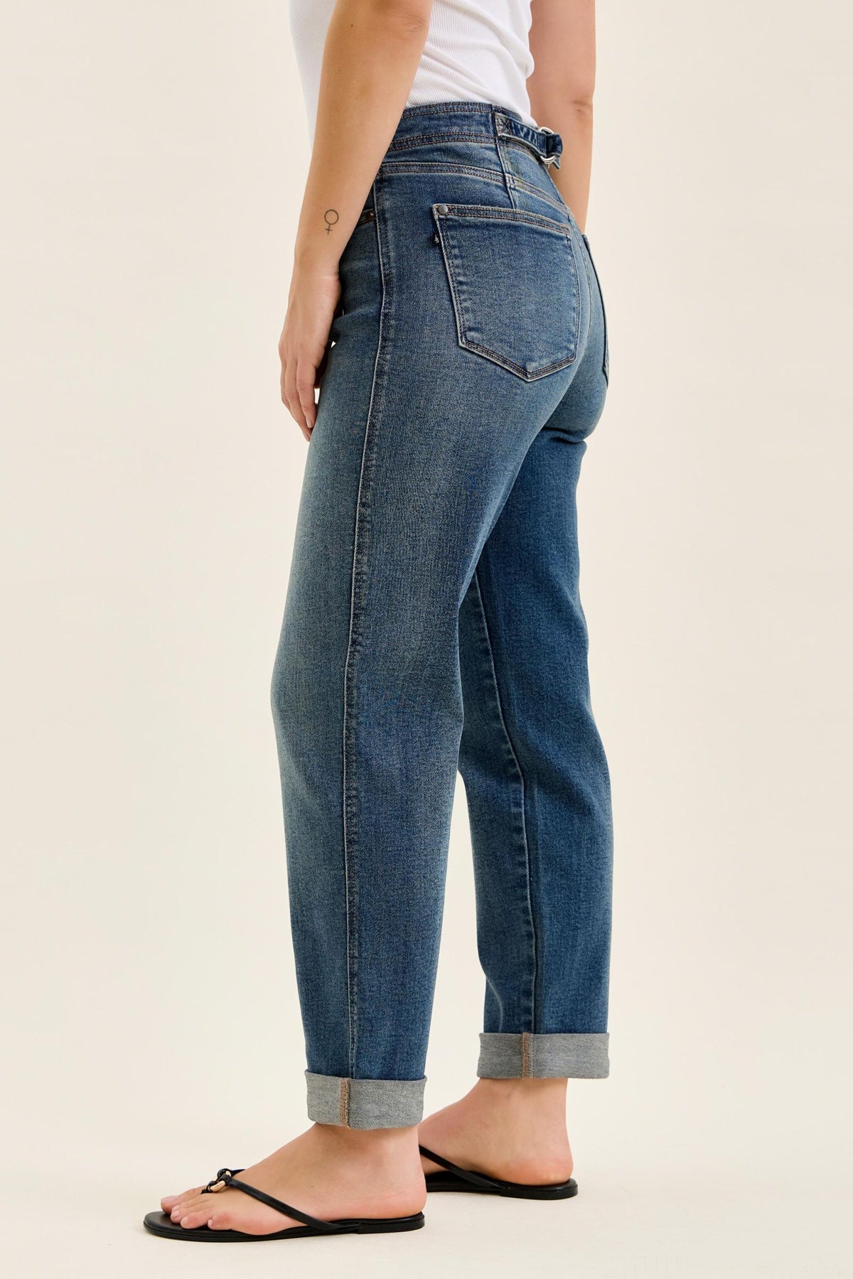 Judy Blue Mid Rise Dark Wash Boyfriend with Adjustable Back Tab + Hollywood WaistBand Jeans - Inseam 28