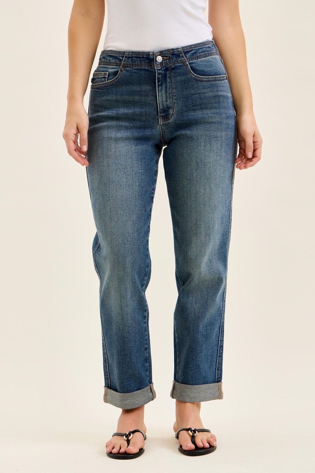 Judy Blue Mid Rise Dark Wash Boyfriend with Adjustable Back Tab + Hollywood WaistBand Jeans - Inseam 28