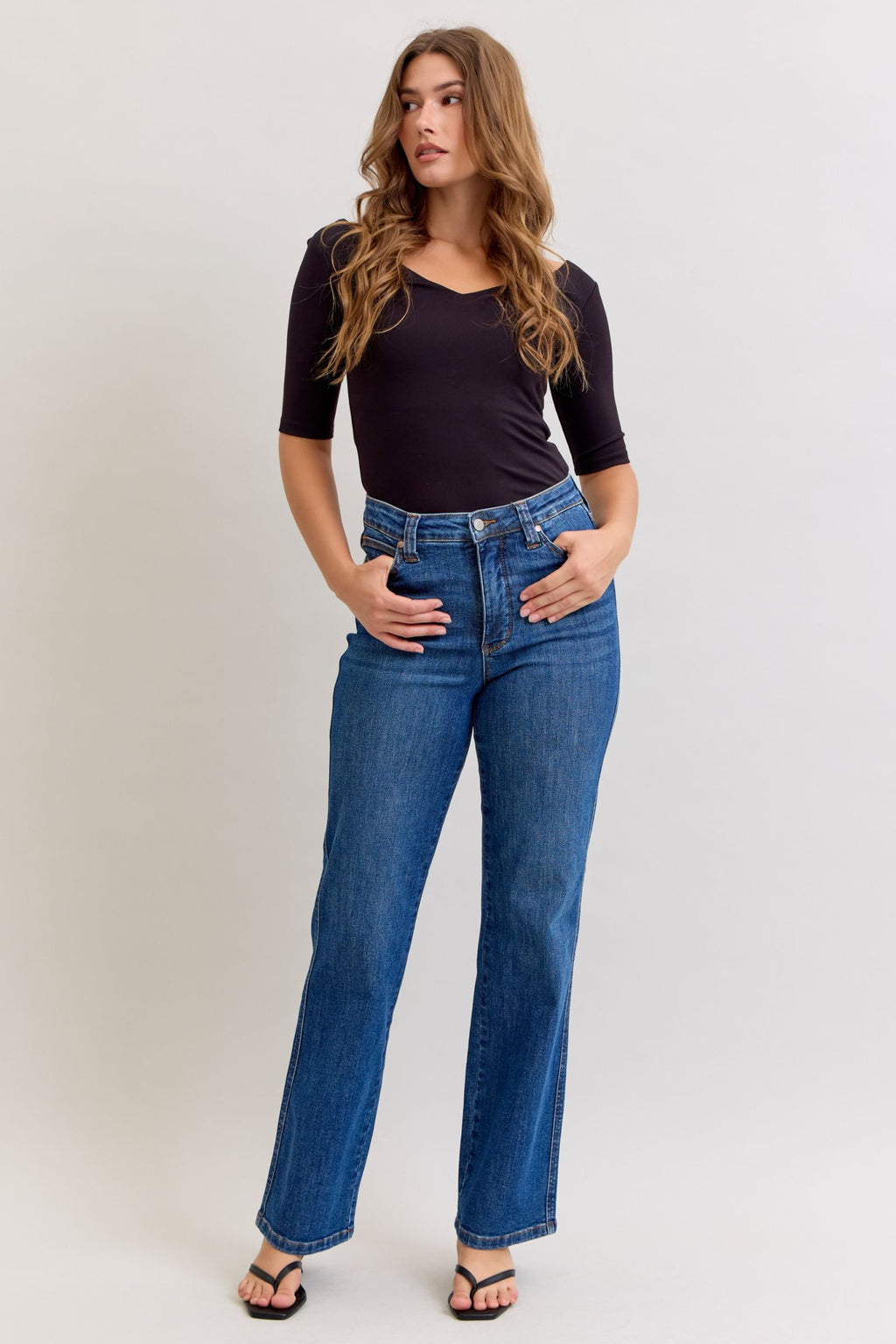 Judy Blue High Waist Dark Wash Straight Jeans with Tummy Control – Inseam 32"