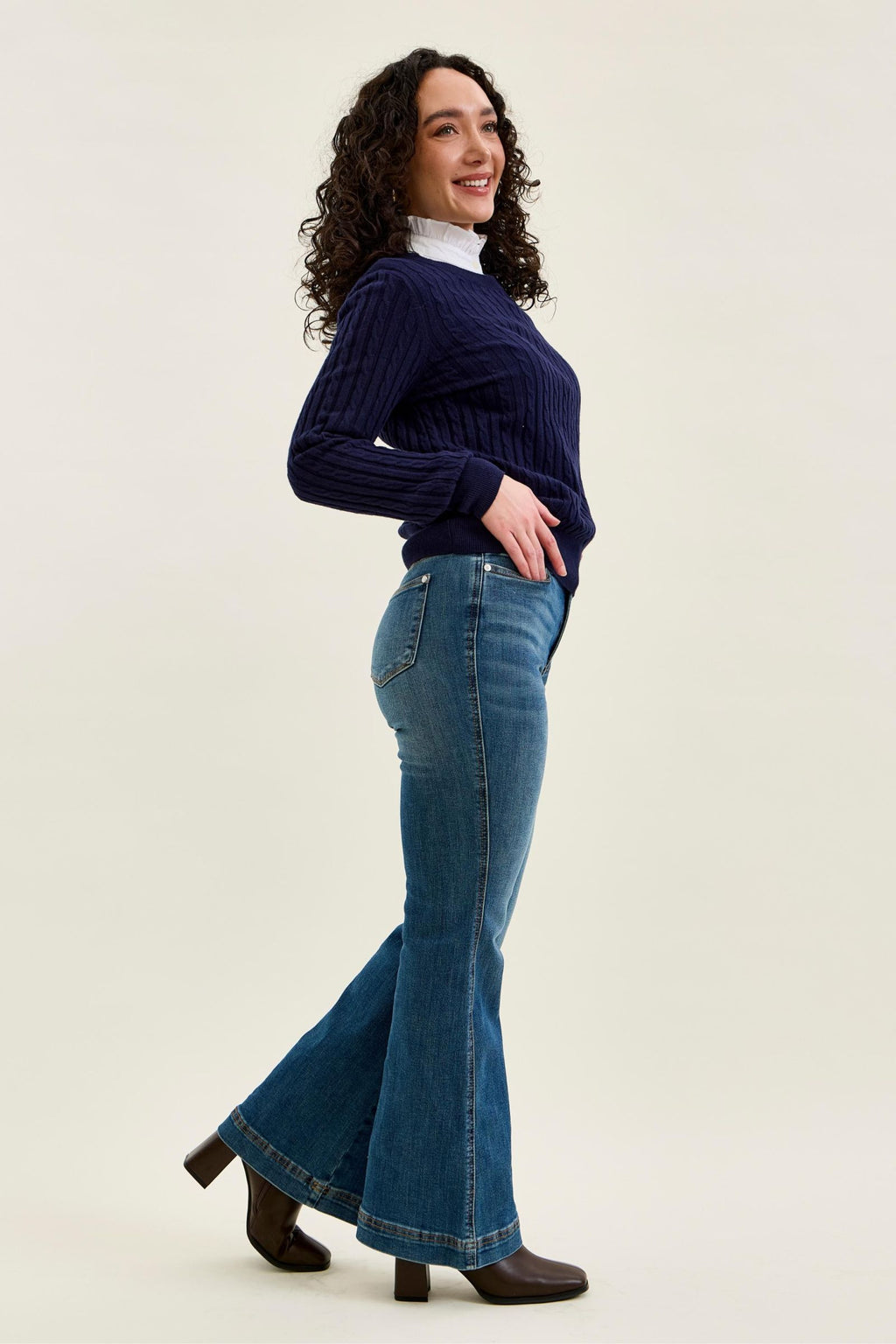 Judy Blue High Waist Petite Tummy Control Double Button Flare, Inseam 30"