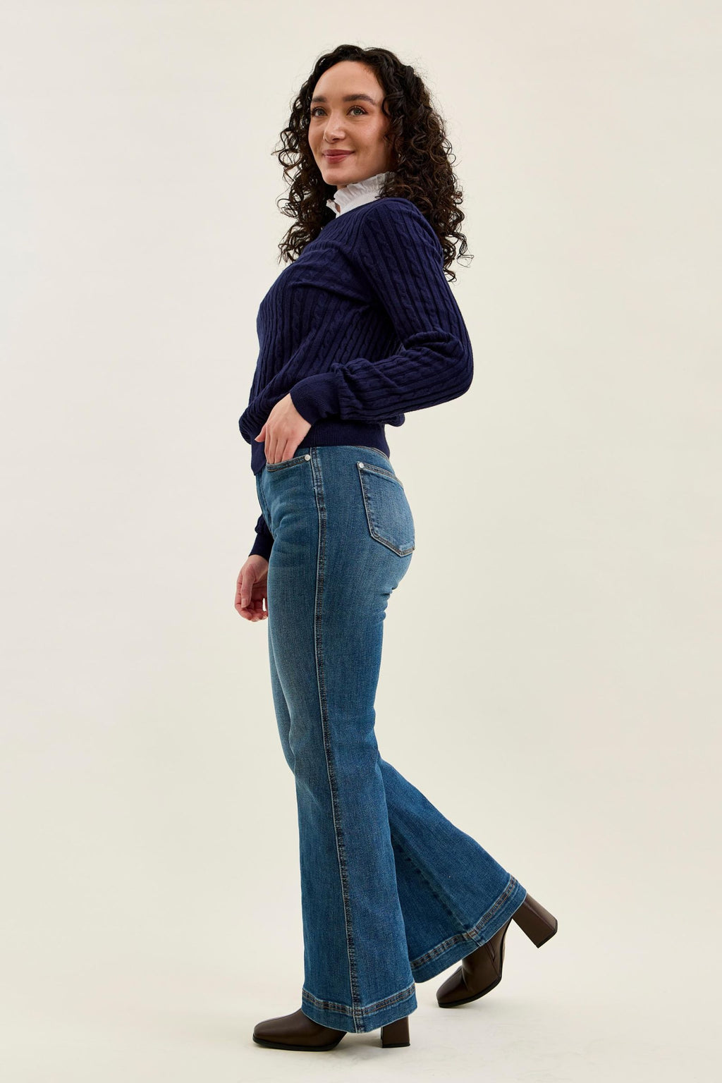 Judy Blue High Waist Petite Tummy Control Double Button Flare, Inseam 30"