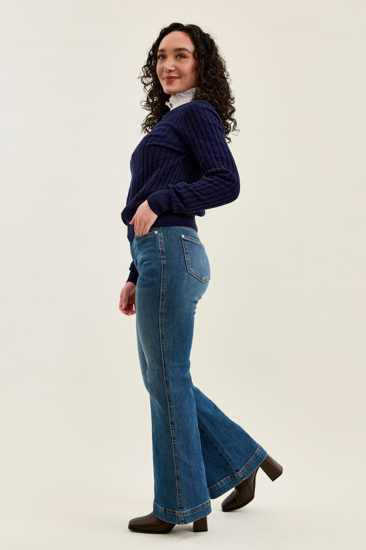 Judy Blue High Waist Petite Tummy Control Double Button Flare, Inseam 30"