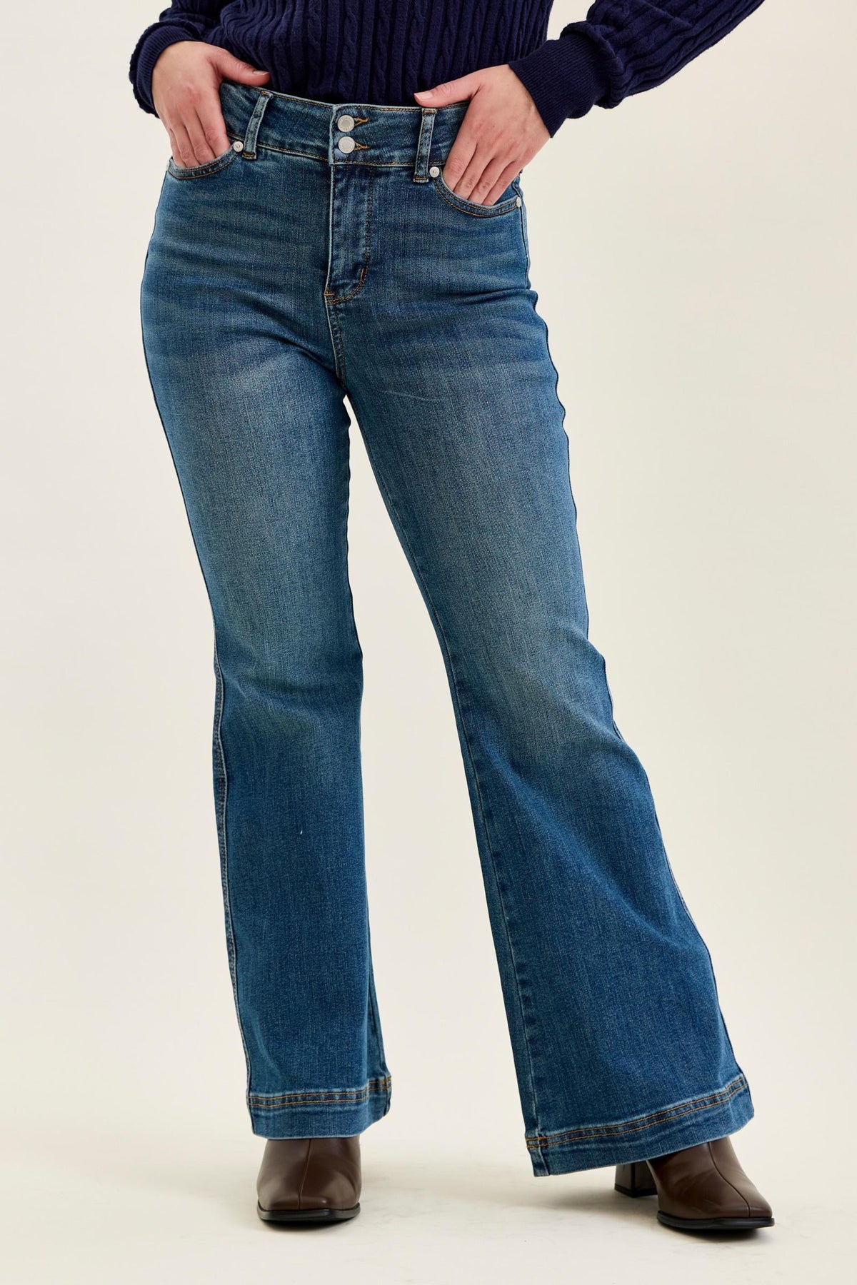 Judy Blue High Waist Petite Tummy Control Double Button Flare, Inseam 30"