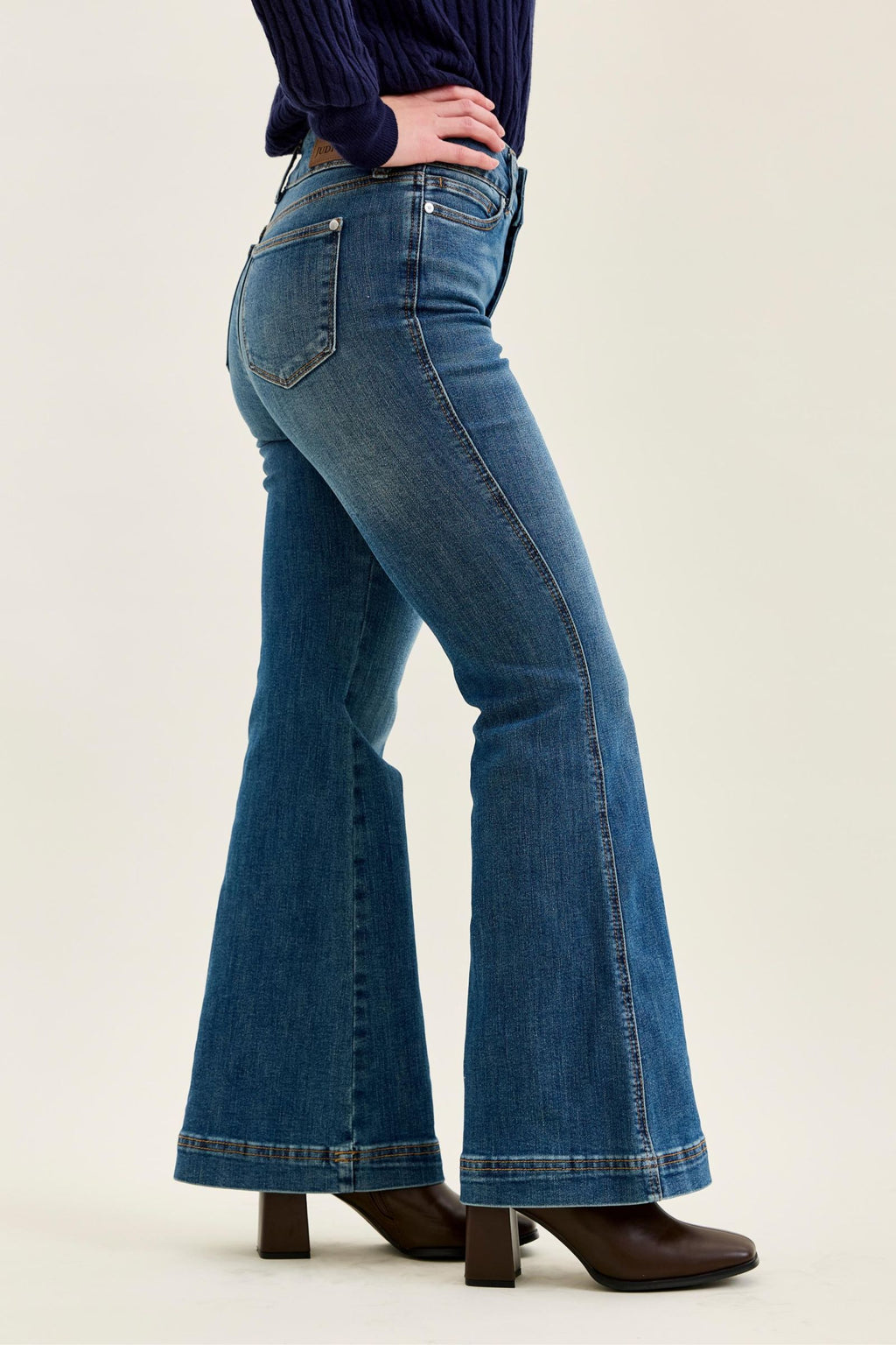 Judy Blue High Waist Petite Tummy Control Double Button Flare, Inseam 30"