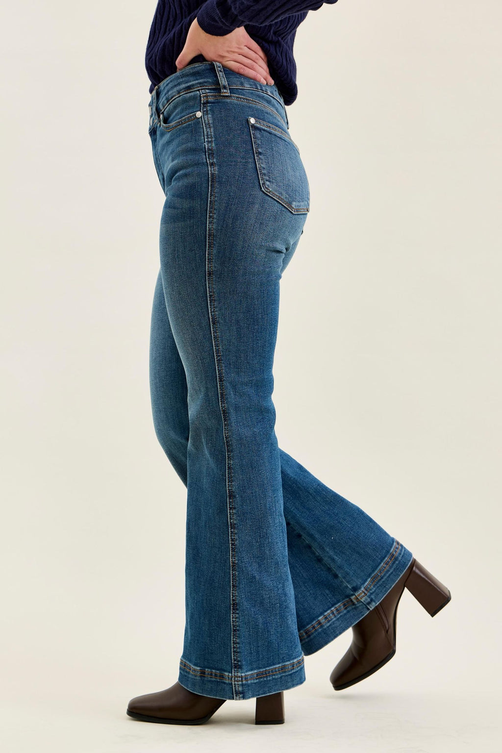 Judy Blue High Waist Petite Tummy Control Double Button Flare, Inseam 30"