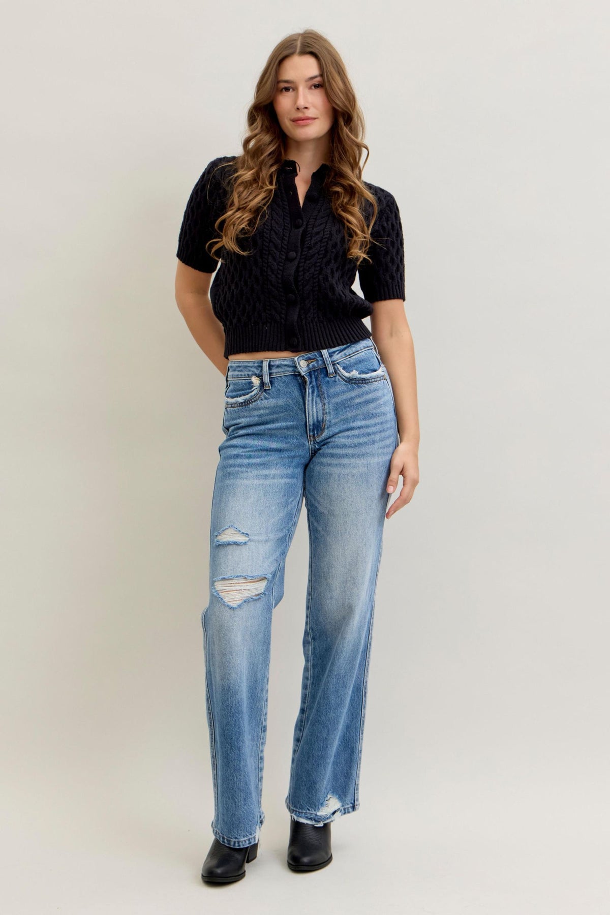 Judy Blue Mid Rise 90's Straight Rigid Magic Destroy, Inseam 32"