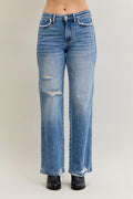 Judy Blue Mid Rise 90's Straight Rigid Magic Destroy, Inseam 32"