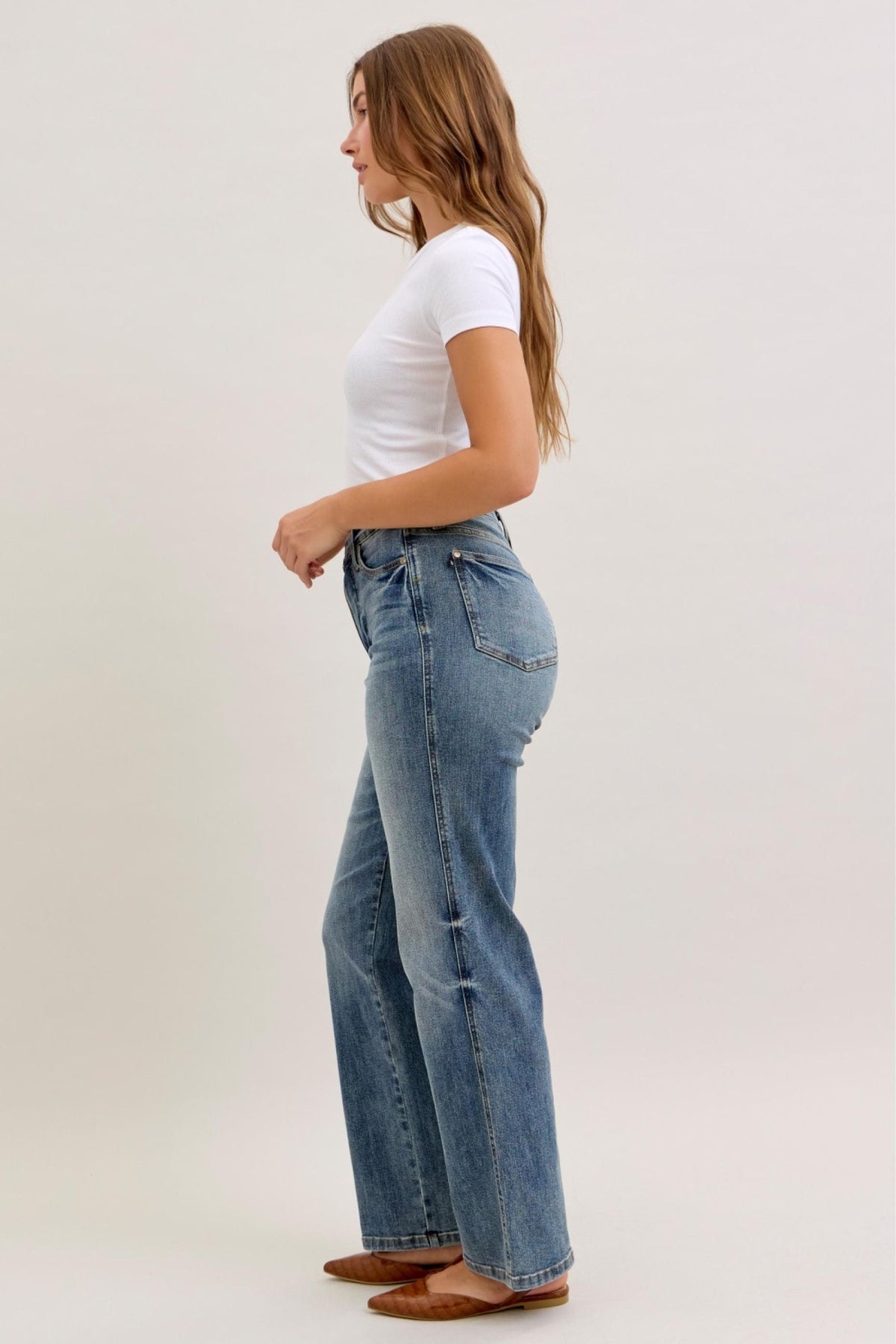 Judy Blue Women's Vintage Wash High Waist Tummy Control Straight Leg Jeans, Inseam 32"