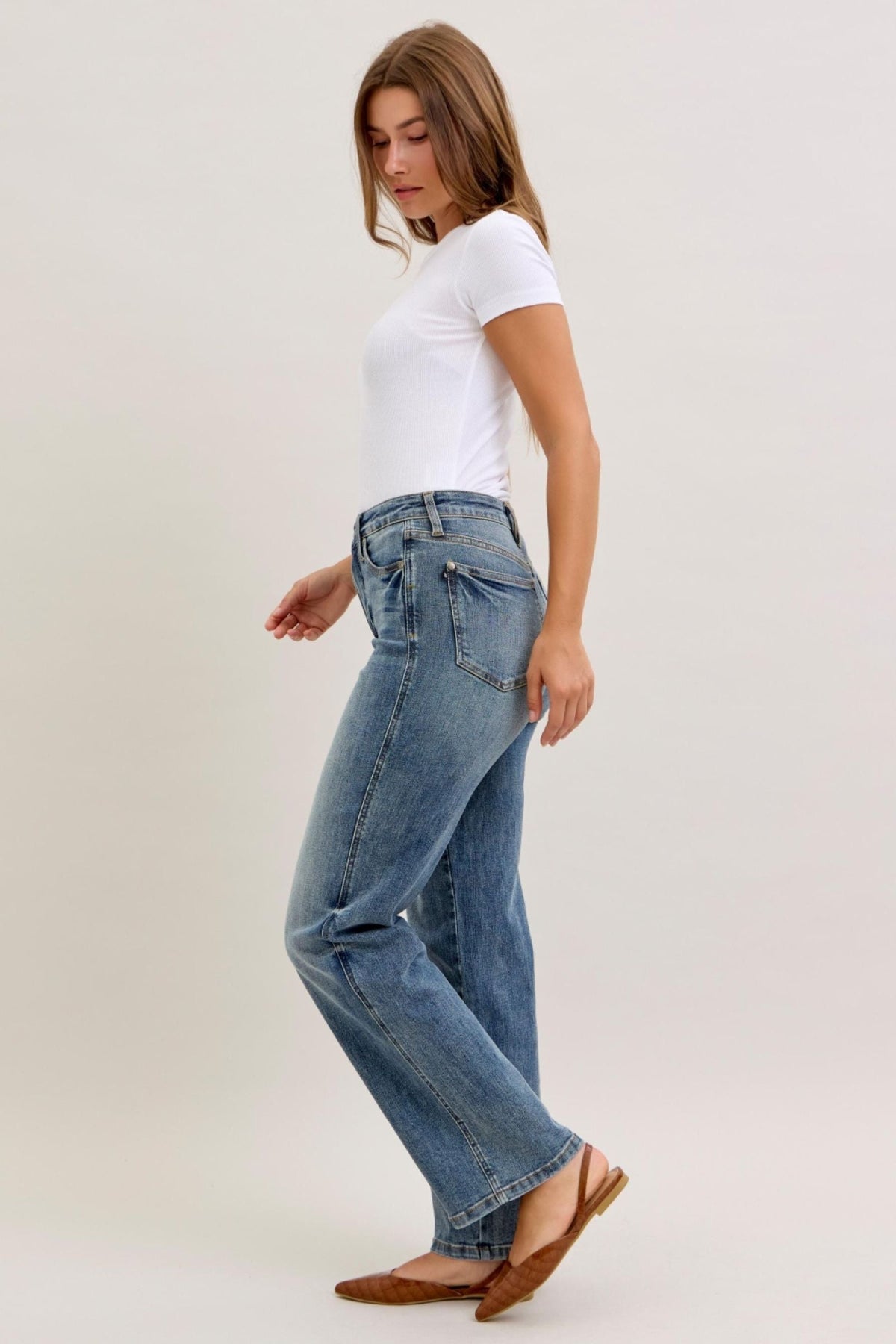 Judy Blue Women's Vintage Wash High Waist Tummy Control Straight Leg Jeans, Inseam 32"