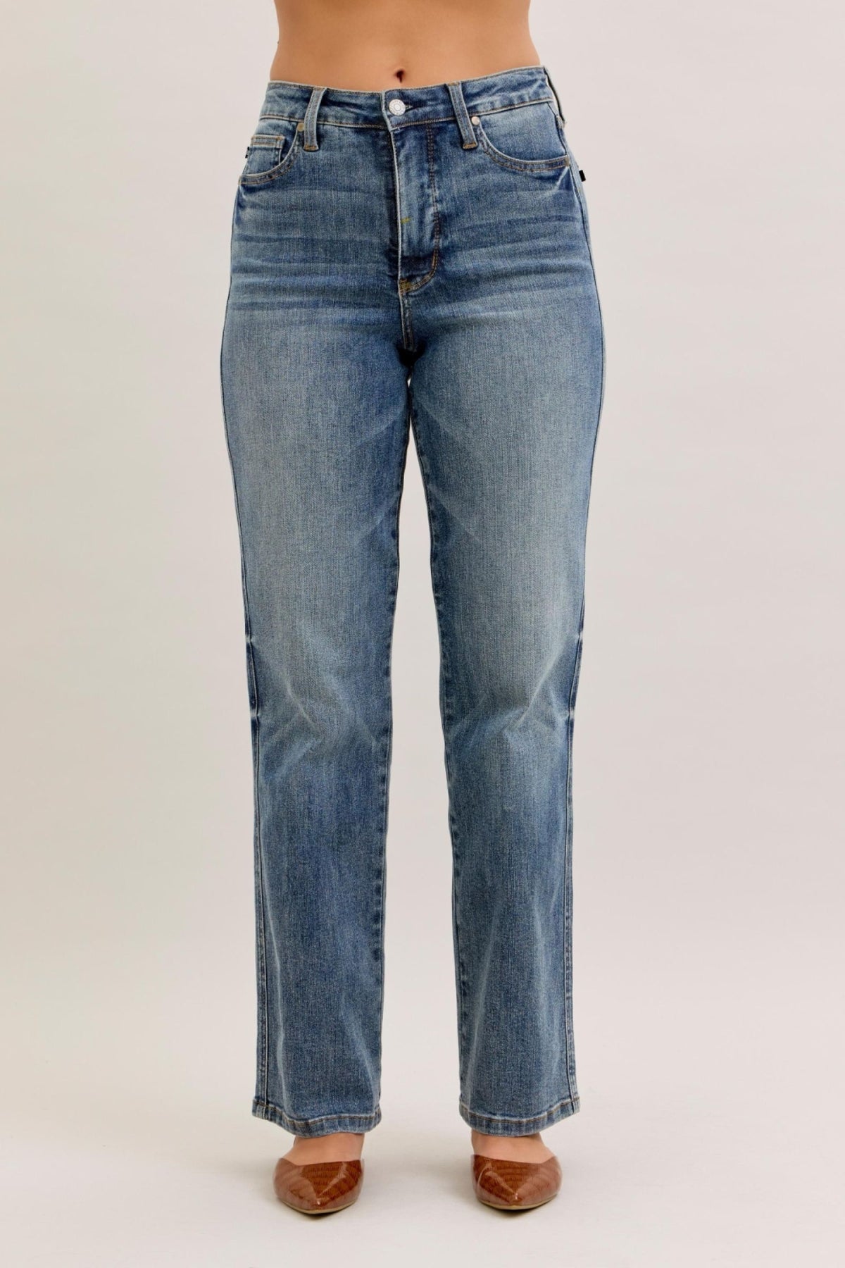 Judy Blue Women's Vintage Wash High Waist Tummy Control Straight Leg Jeans, Inseam 32"
