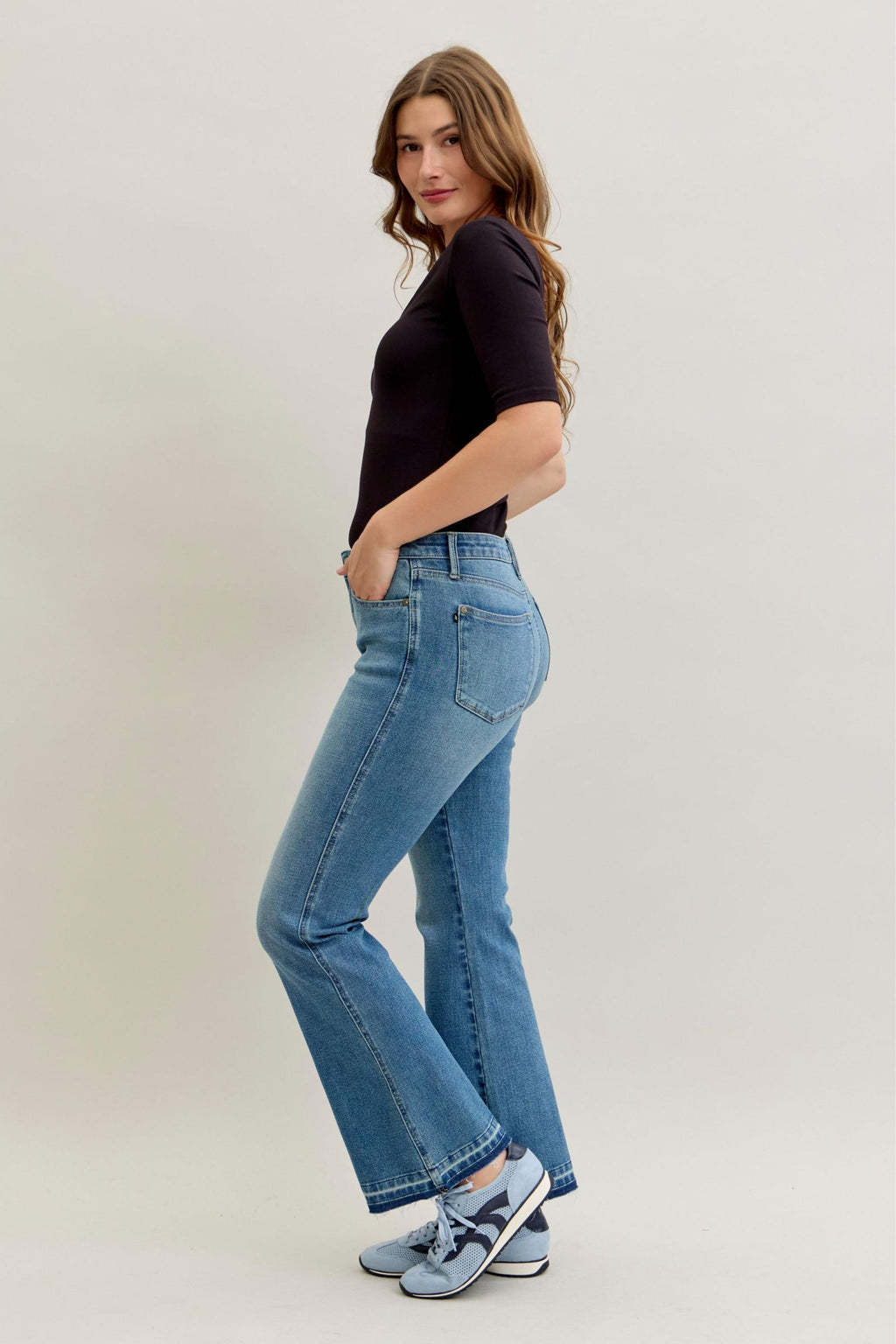 Judy Blue Mid Rise Slim Bootcut Tummy Control Jeans with Release Hem Stretch Denim, Inseam 32"