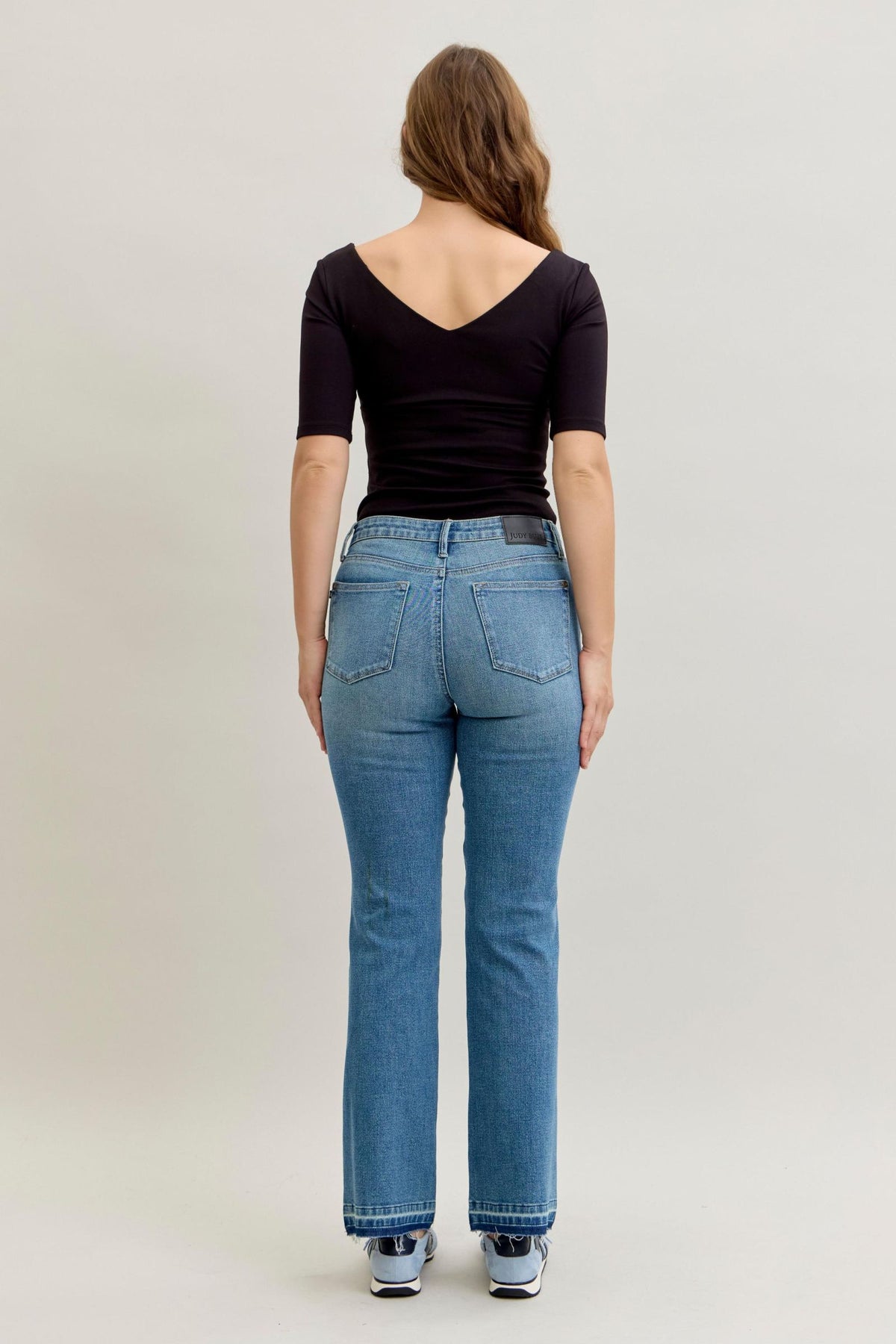 Judy Blue Mid Rise Slim Bootcut Tummy Control Jeans with Release Hem Stretch Denim, Inseam 32"