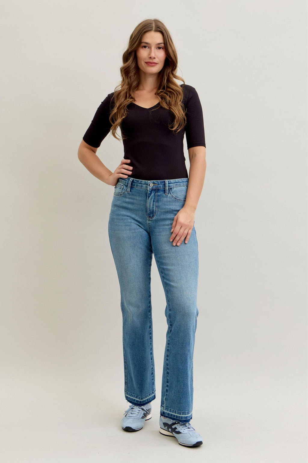 Judy Blue Mid Rise Slim Bootcut Tummy Control Jeans with Release Hem Stretch Denim, Inseam 32"