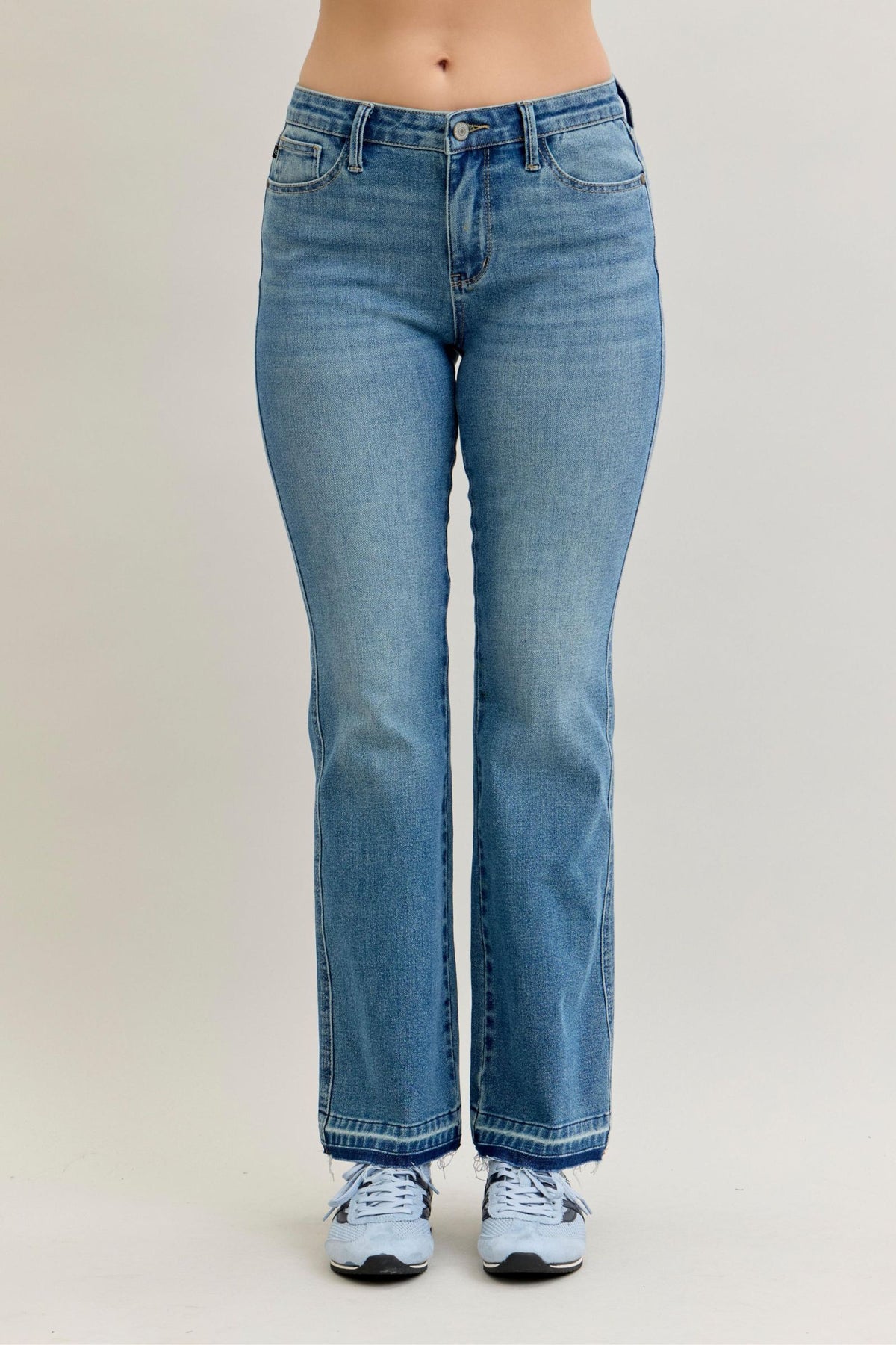 Judy Blue Mid Rise Slim Bootcut Tummy Control Jeans with Release Hem Stretch Denim, Inseam 32"