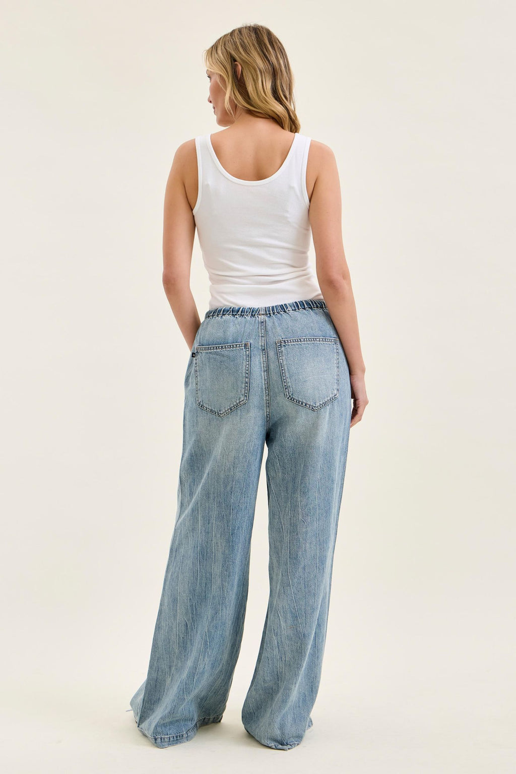 Judy Blue High Waist Palazzo Featherweight Light Wash Jeans with Drawcord - Inseam 30
