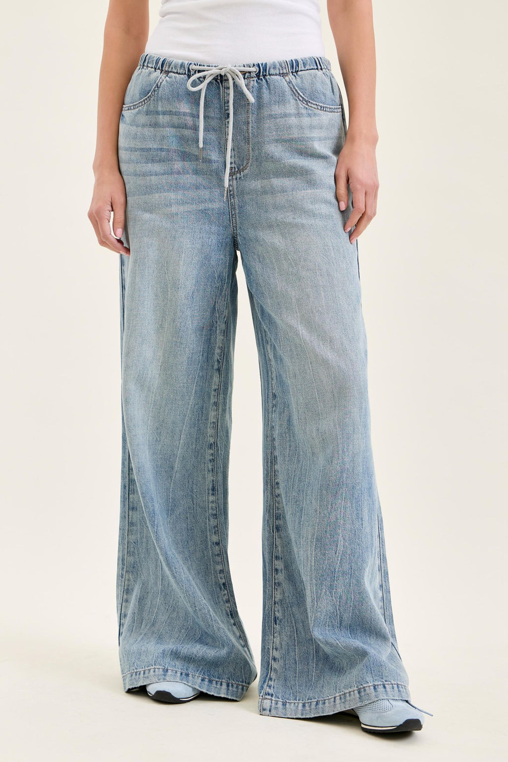 Judy Blue High Waist Palazzo Featherweight Light Wash Jeans with Drawcord - Inseam 30