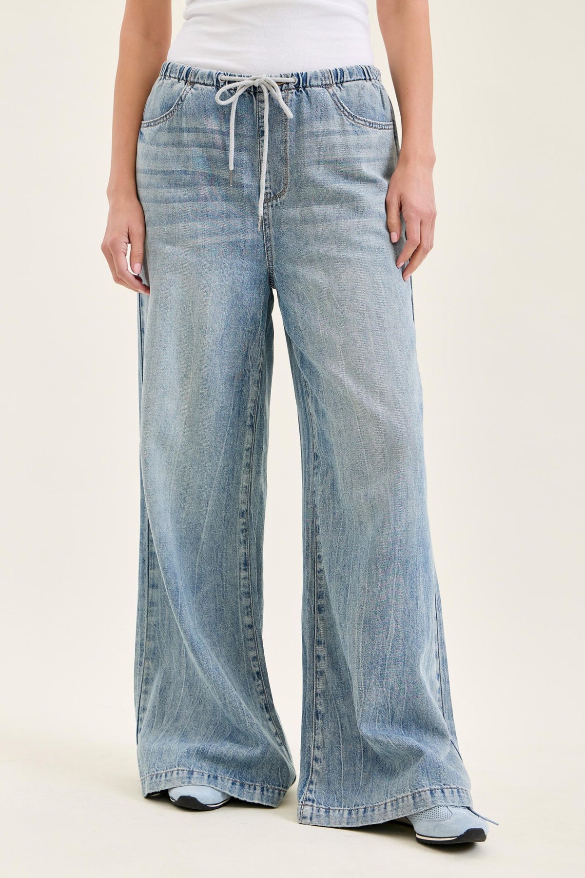 Judy Blue High Waist Palazzo Featherweight Light Wash Jeans with Drawcord - Inseam 30