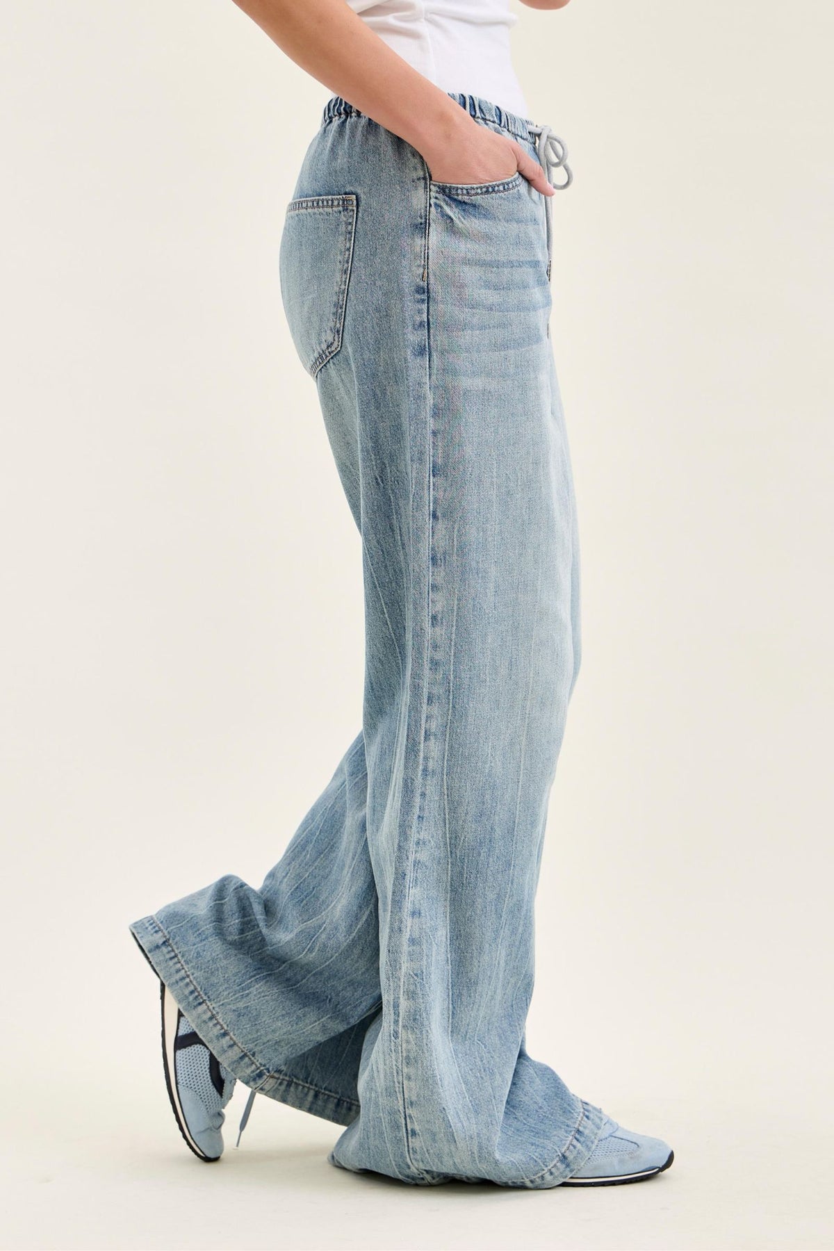 Judy Blue High Waist Palazzo Featherweight Light Wash Jeans with Drawcord - Inseam 30