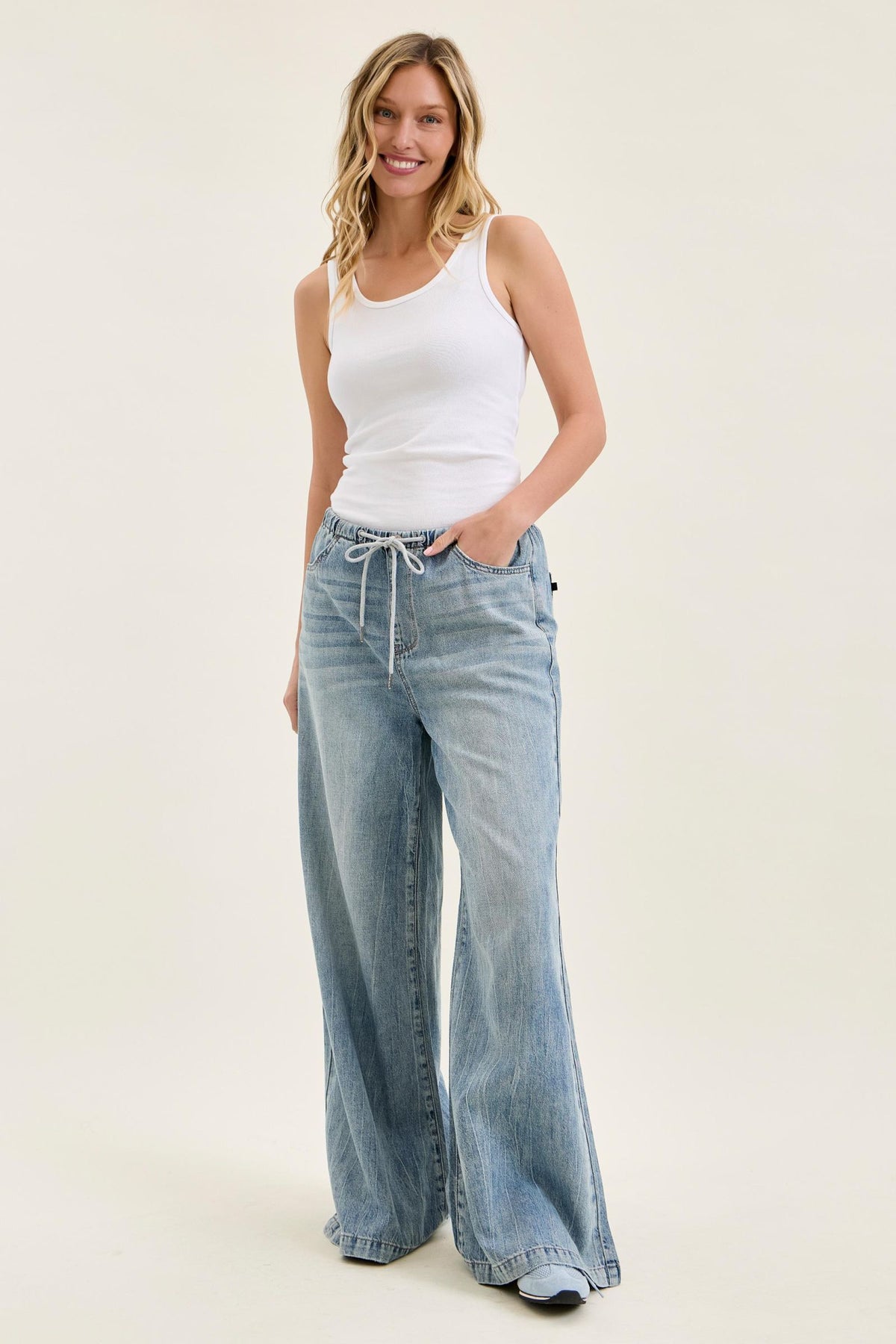 Judy Blue High Waist Palazzo Featherweight Light Wash Jeans with Drawcord - Inseam 30