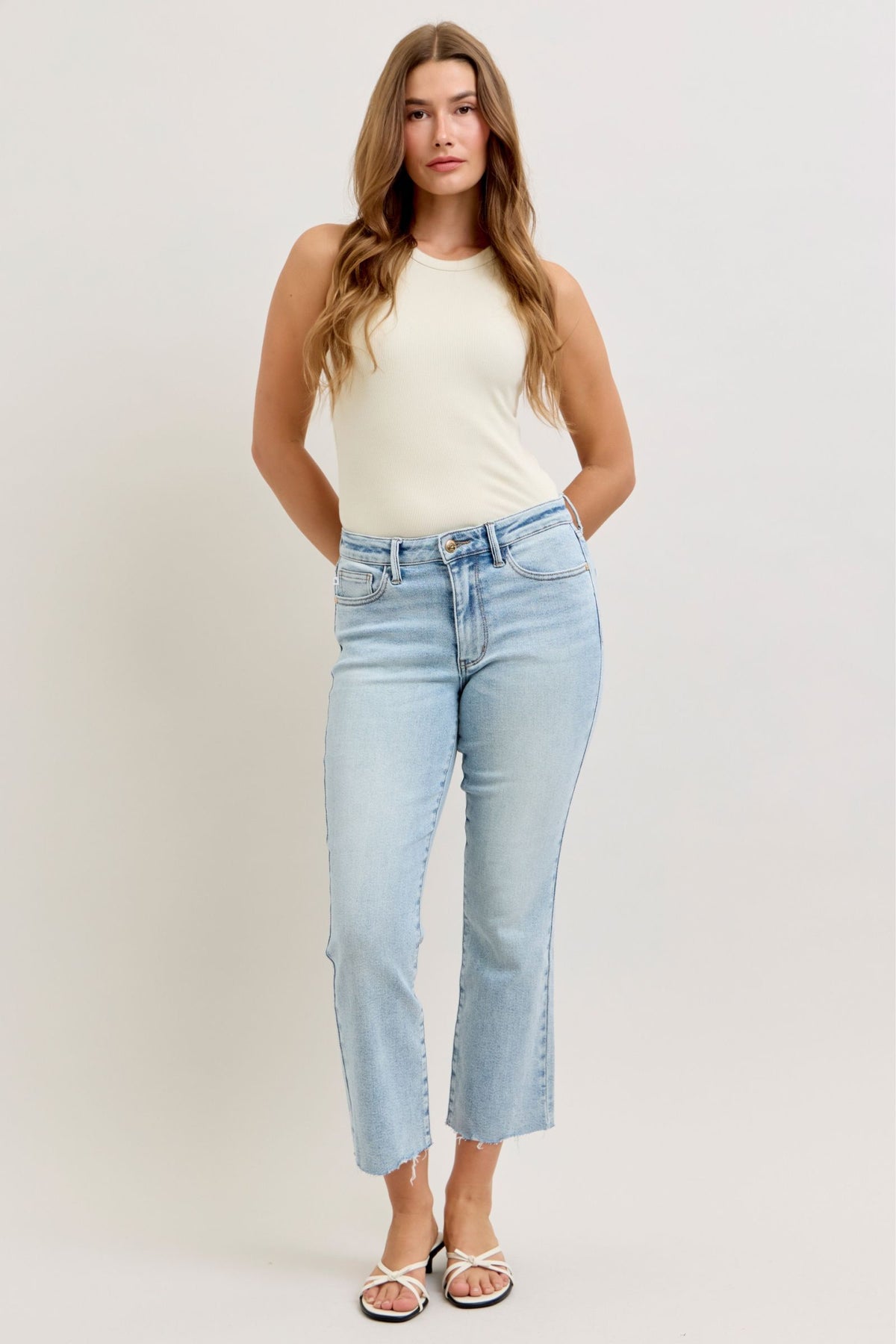 Judy Blue Mid Rise Light Wash Kick Flare, Inseam 27"