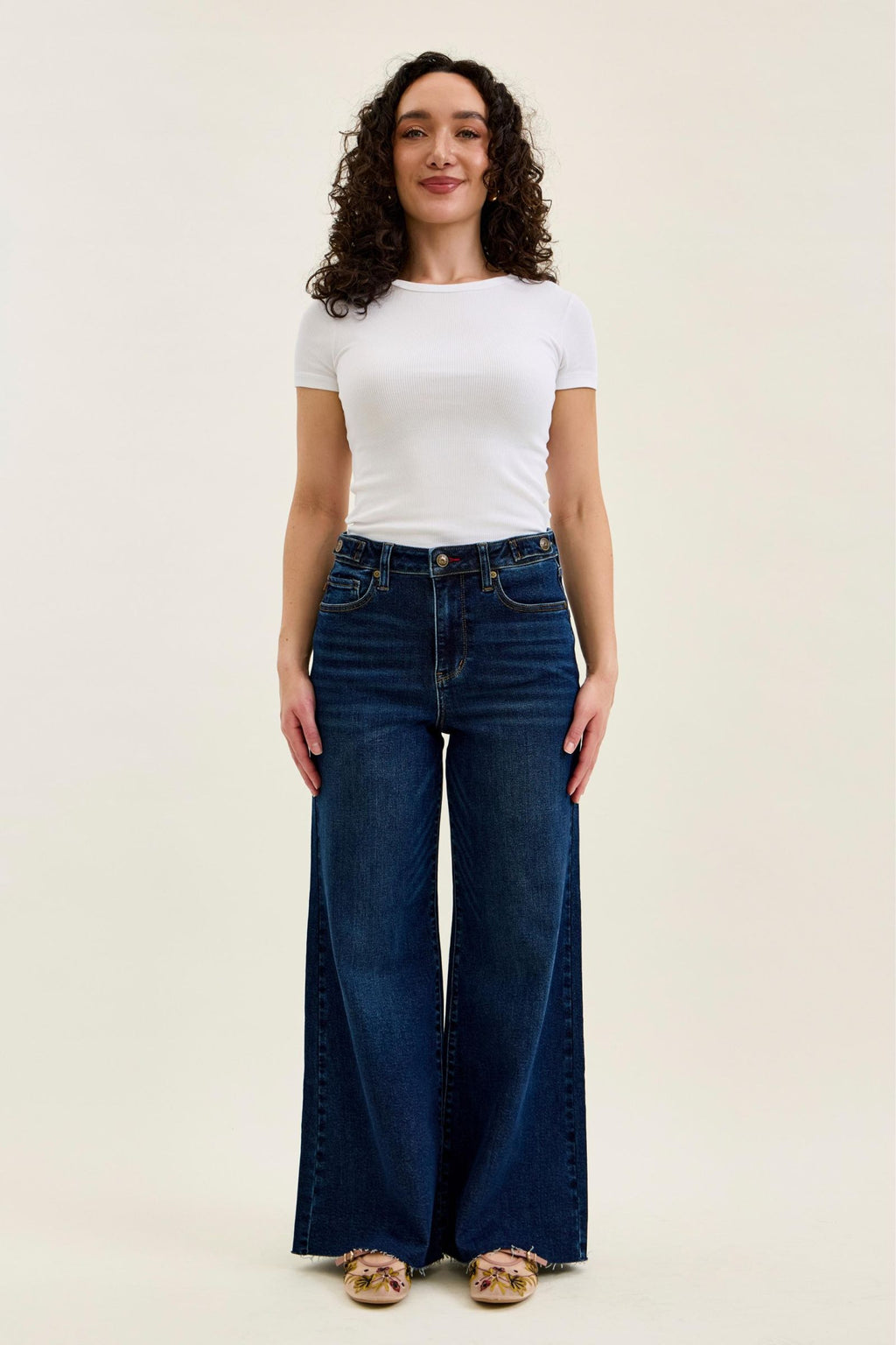 Judy Blue High Waist Dark Wash Retro Wide Leg Jeans – Adjustable Waist Tabs & Raw Hem, Petite 29” Inseam