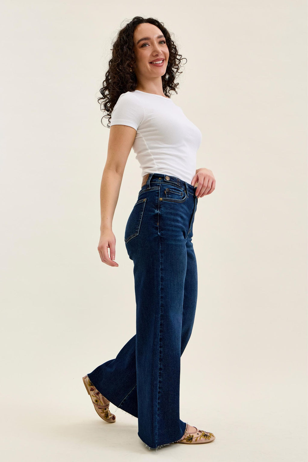 Judy Blue High Waist Dark Wash Retro Wide Leg Jeans – Adjustable Waist Tabs & Raw Hem, Petite 29” Inseam