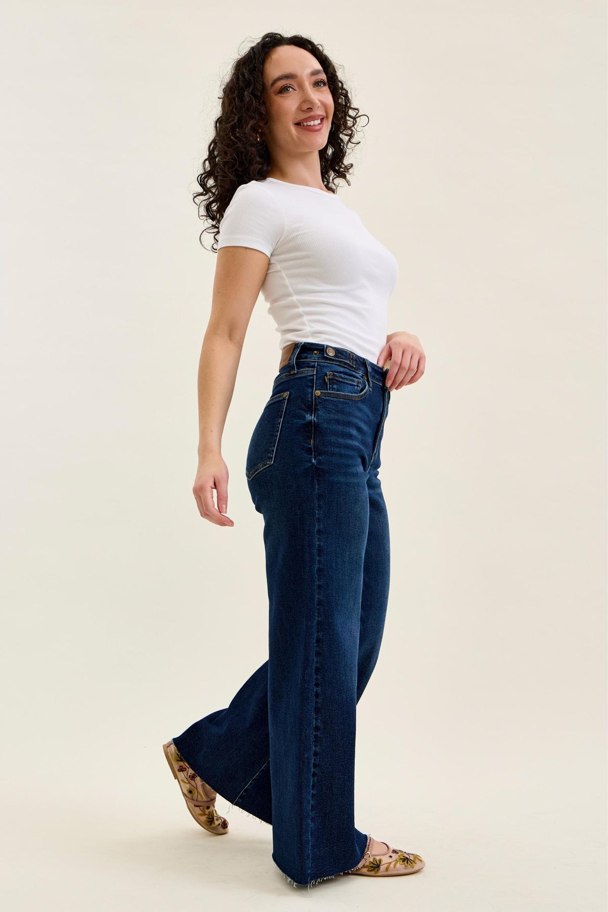 Judy Blue High Waist Dark Wash Retro Wide Leg Jeans – Adjustable Waist Tabs & Raw Hem, Petite 29” Inseam