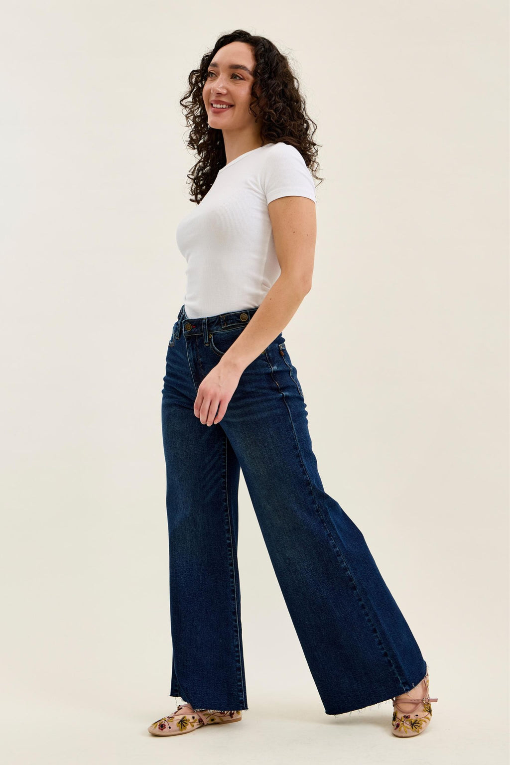 Judy Blue High Waist Dark Wash Retro Wide Leg Jeans – Adjustable Waist Tabs & Raw Hem, Petite 29” Inseam