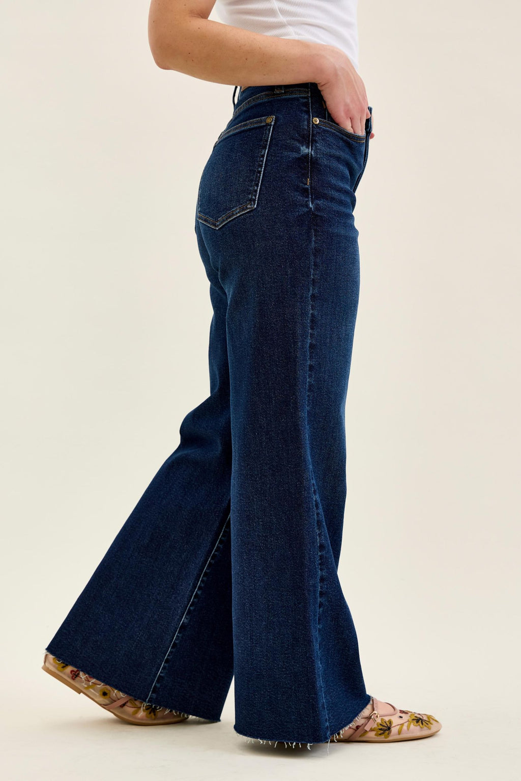 Judy Blue High Waist Dark Wash Retro Wide Leg Jeans – Adjustable Waist Tabs & Raw Hem, Petite 29” Inseam