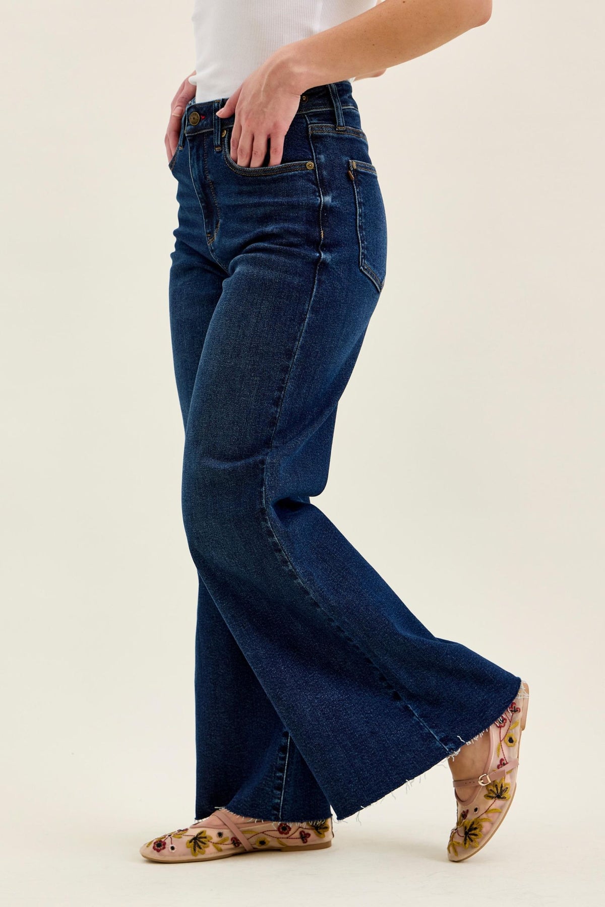 Judy Blue High Waist Dark Wash Retro Wide Leg Jeans – Adjustable Waist Tabs & Raw Hem, Petite 29” Inseam