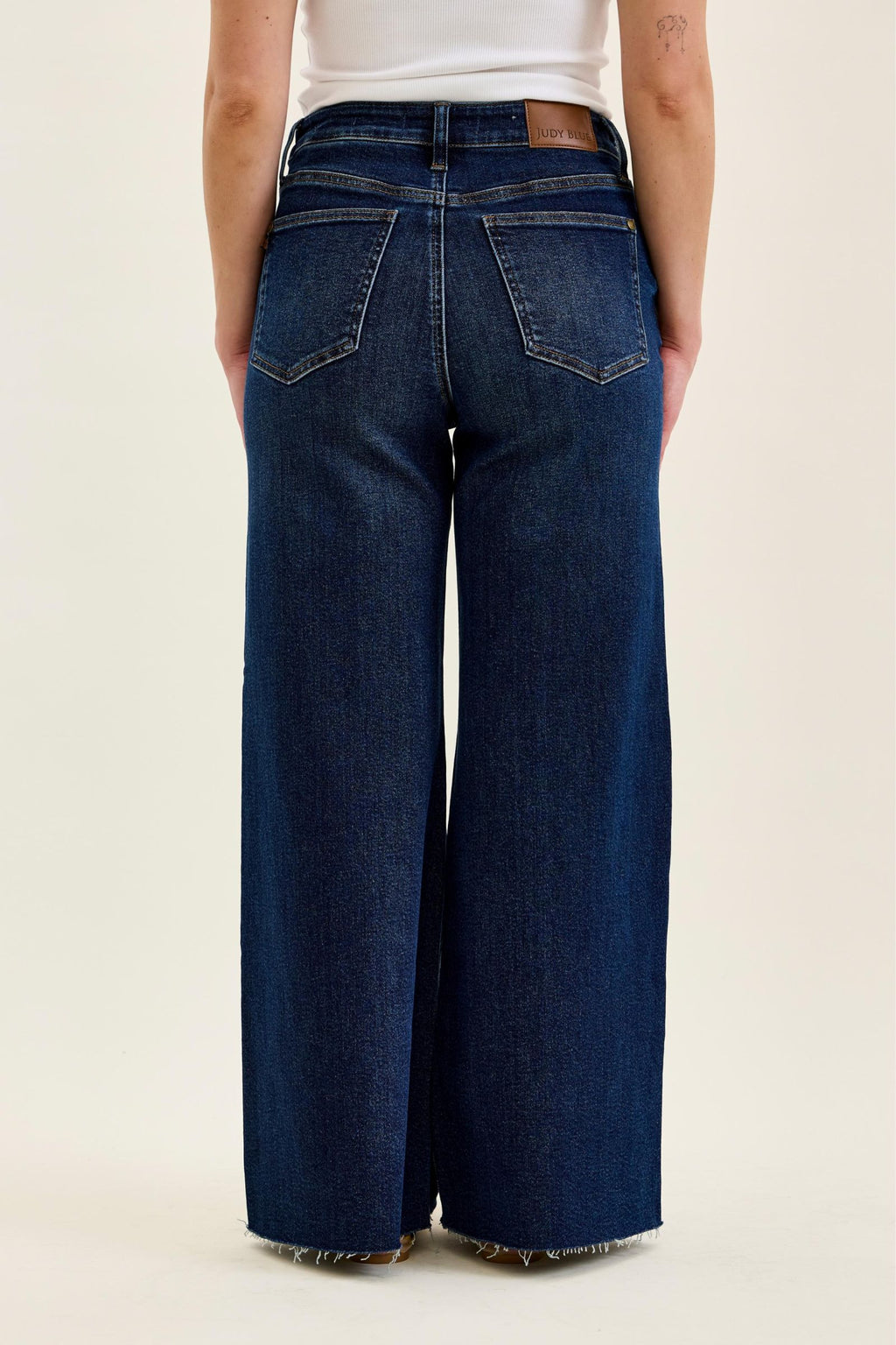 Judy Blue High Waist Dark Wash Retro Wide Leg Jeans – Adjustable Waist Tabs & Raw Hem, Petite 29” Inseam