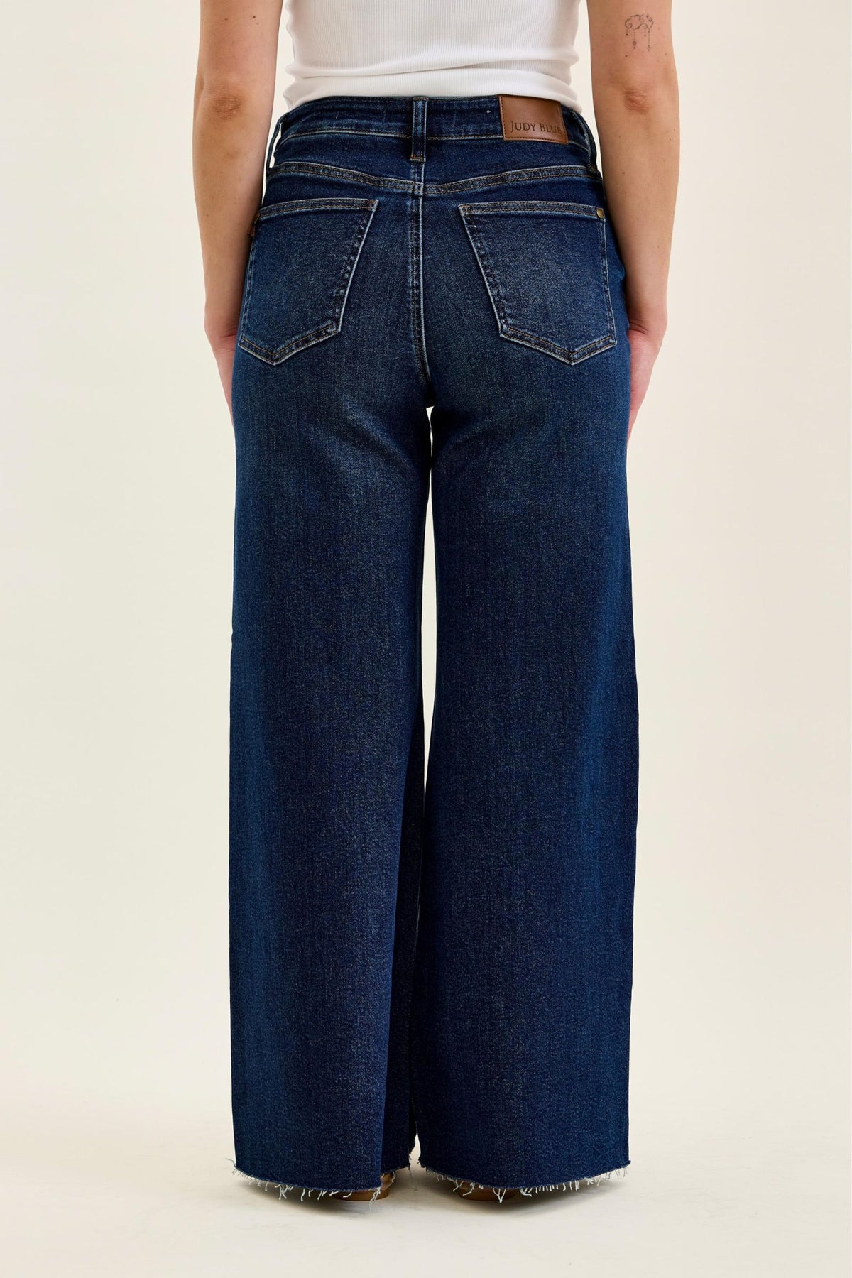 Judy Blue High Waist Dark Wash Retro Wide Leg Jeans – Adjustable Waist Tabs & Raw Hem, Petite 29” Inseam
