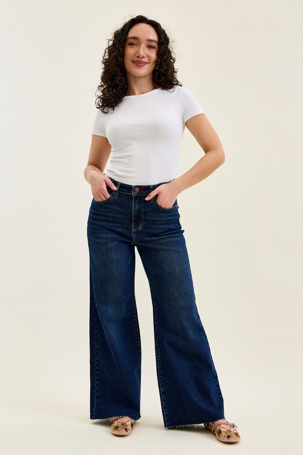 Judy Blue High Waist Dark Wash Retro Wide Leg Jeans – Adjustable Waist Tabs & Raw Hem, Petite 29” Inseam