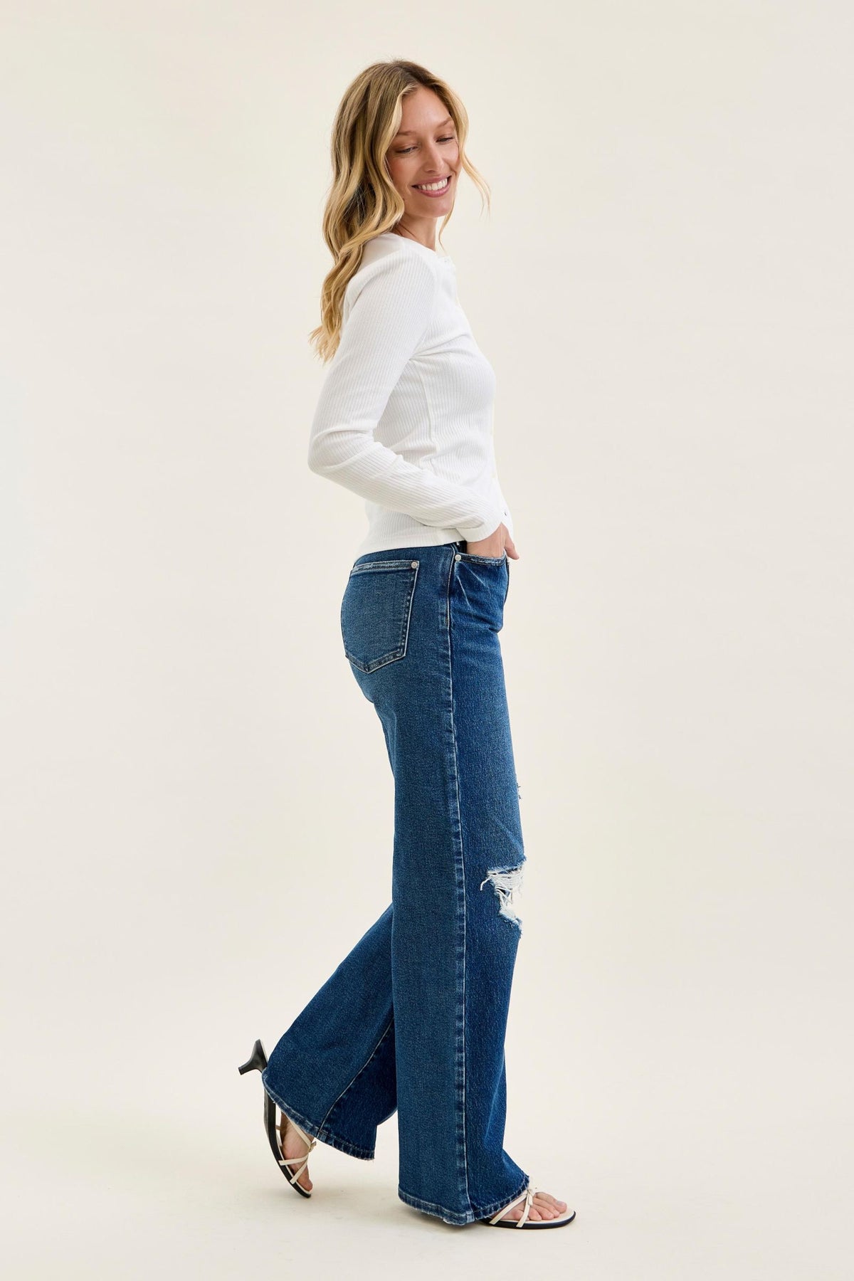 Judy Blue High Waist Rigid Magic Column Straight Destructed with Adjustable Waistband Tabs, Inseam 33"