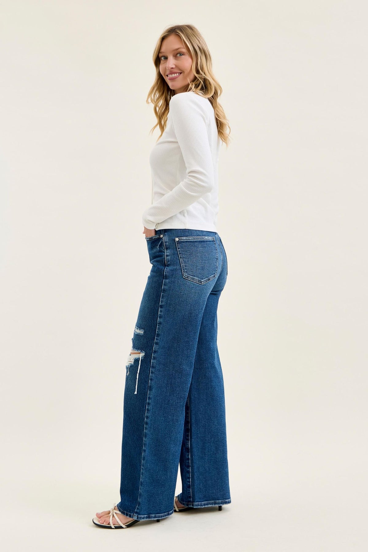 Judy Blue High Waist Rigid Magic Column Straight Destructed with Adjustable Waistband Tabs, Inseam 33"
