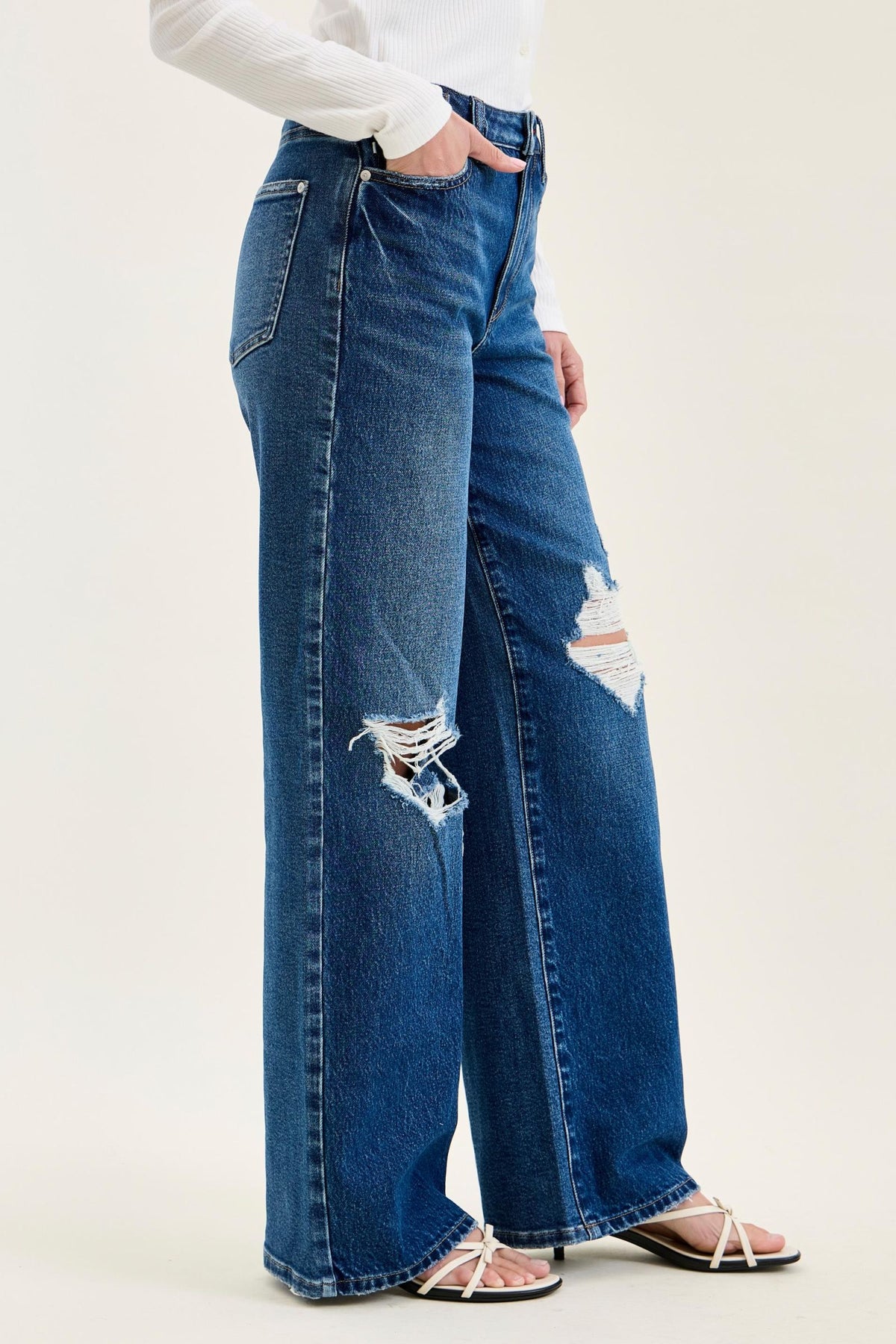 Judy Blue High Waist Rigid Magic Column Straight Destructed with Adjustable Waistband Tabs, Inseam 33"