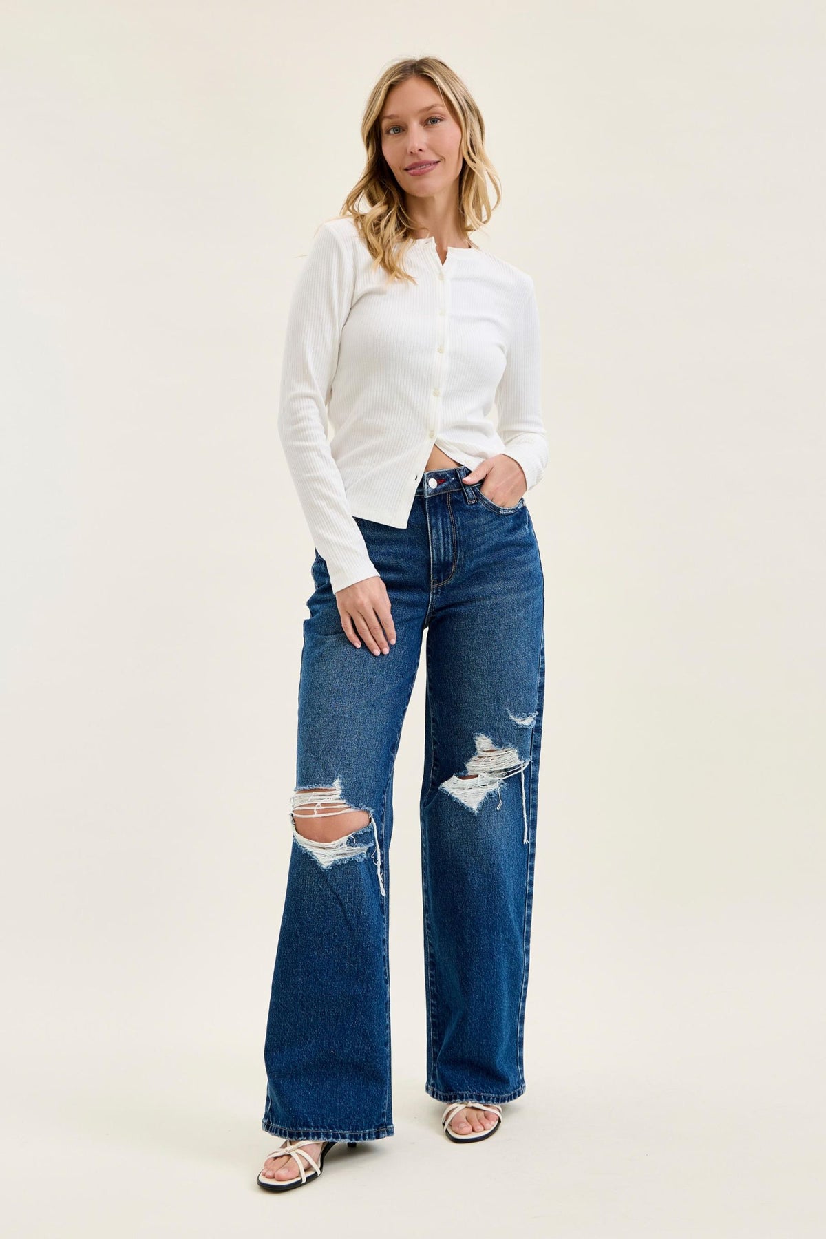 Judy Blue High Waist Rigid Magic Column Straight Destructed with Adjustable Waistband Tabs, Inseam 33"