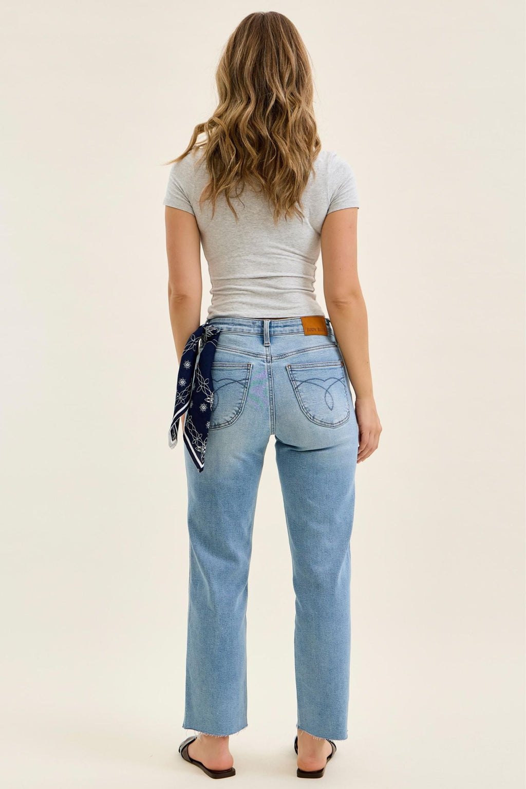 Judy Blue Mid Rise Light Wash Ankle Straight with Bandana, Inseam 28"