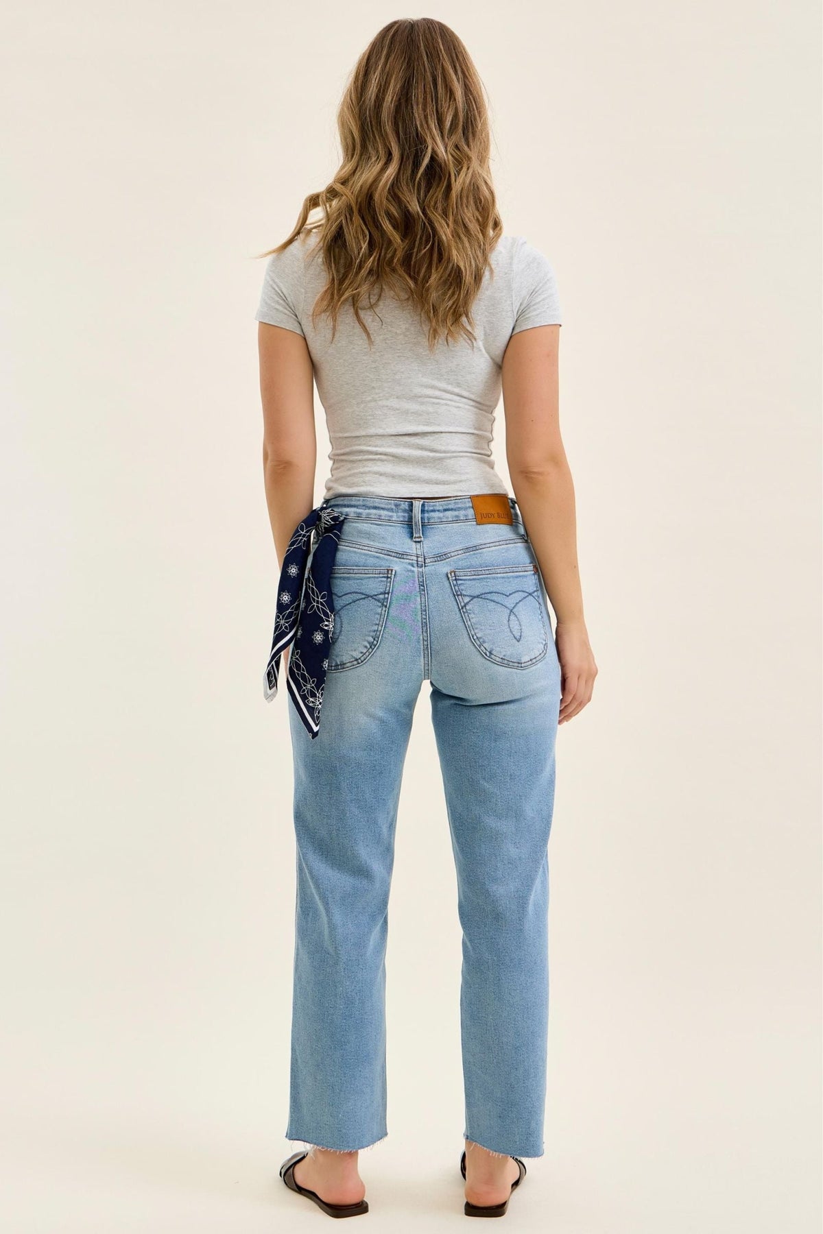 Judy Blue Mid Rise Light Wash Ankle Straight with Bandana, Inseam 28"
