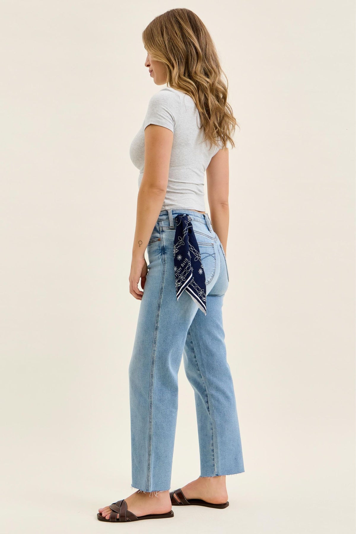 Judy Blue Mid Rise Light Wash Ankle Straight with Bandana, Inseam 28"