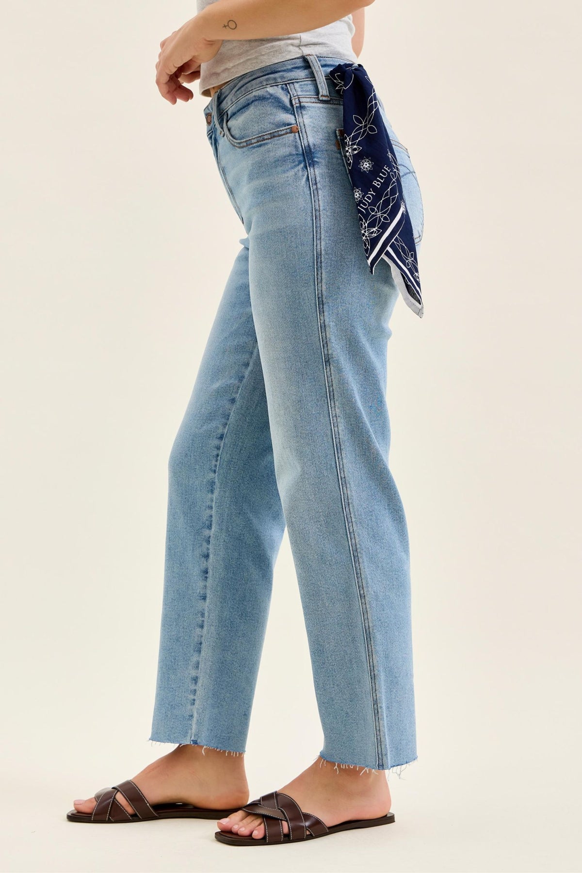 Judy Blue Mid Rise Light Wash Ankle Straight with Bandana, Inseam 28"