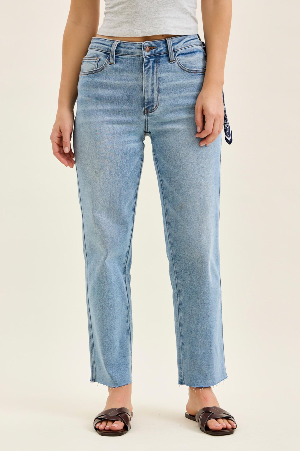 Judy Blue Mid Rise Light Wash Ankle Straight with Bandana, Inseam 28"