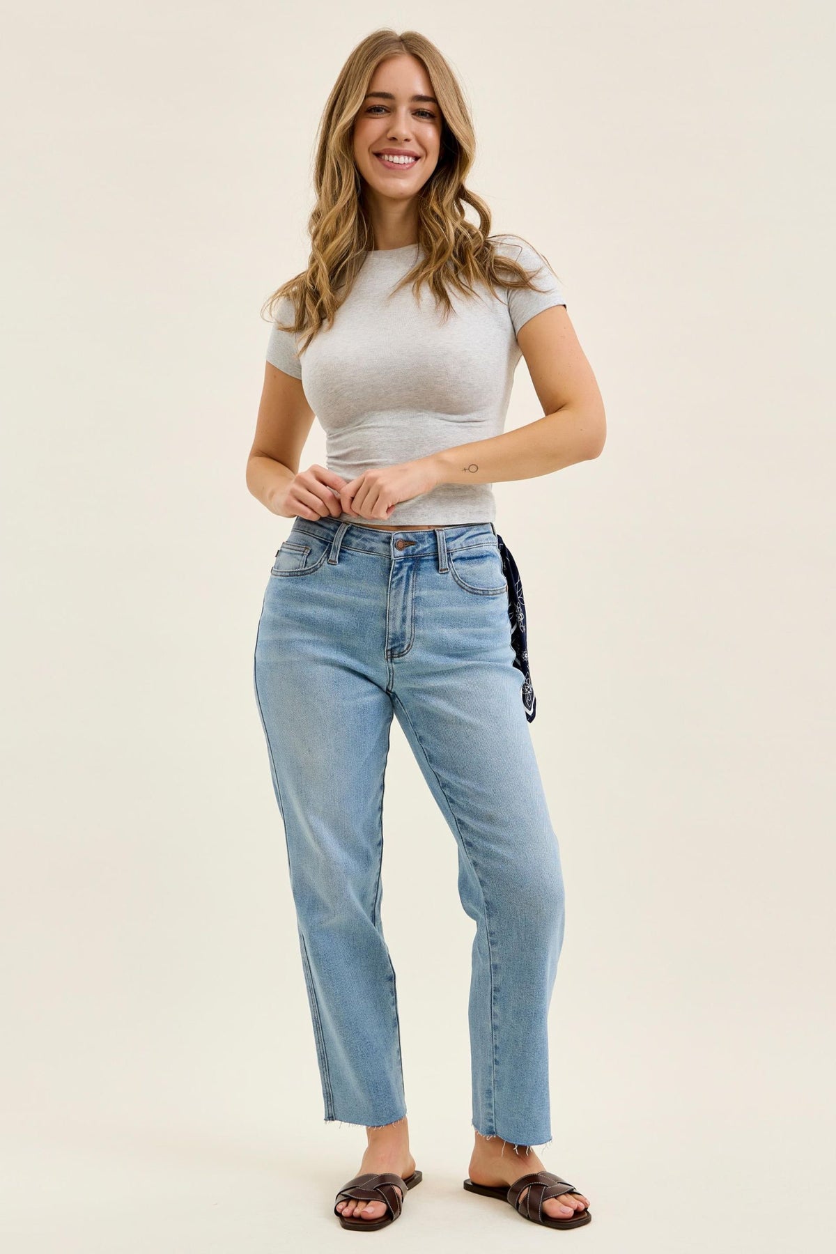 Judy Blue Mid Rise Light Wash Ankle Straight with Bandana, Inseam 28"